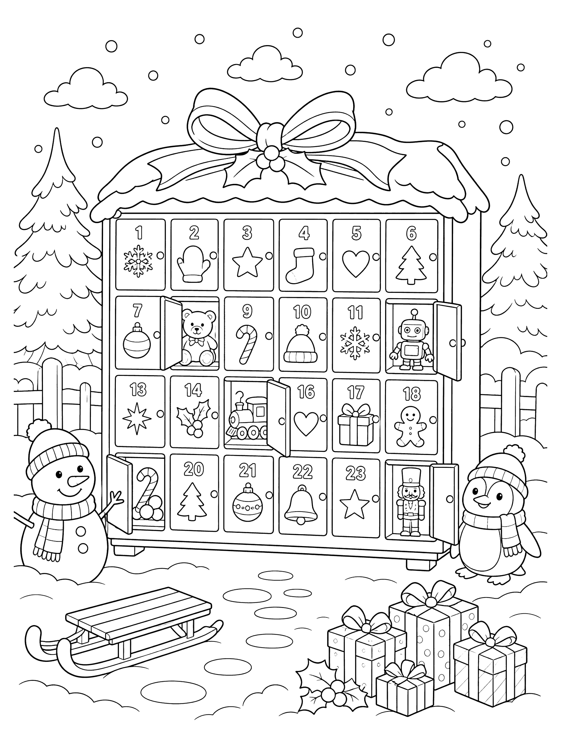 Advent Calendar With Numbered Doors Coloring Page