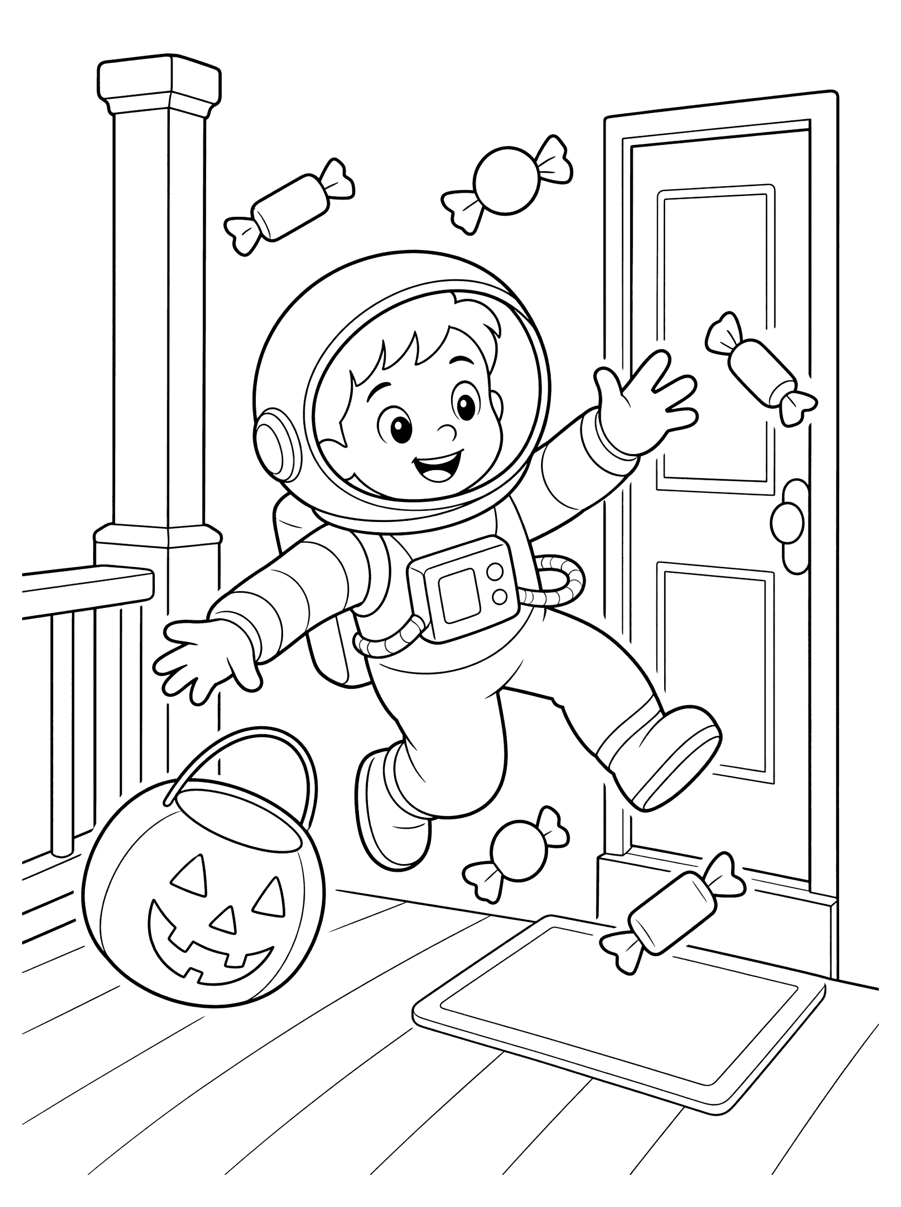 Astronaut Trick-or-Treater With Zero Gravity Candy Coloring Page