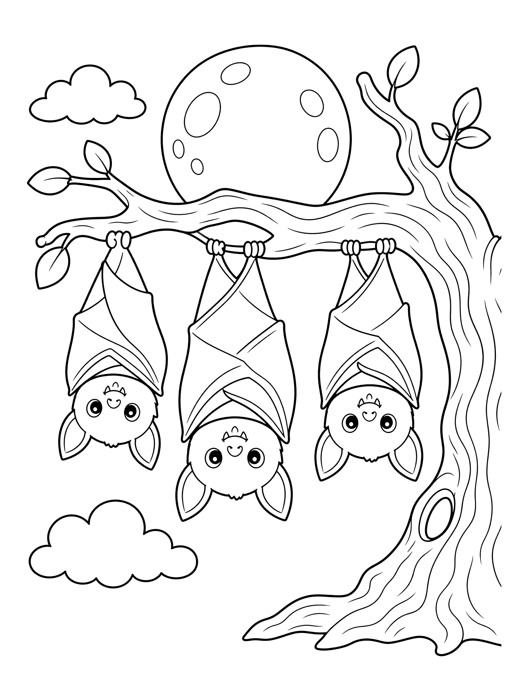 Bats Hanging From Tree Branch Coloring Page