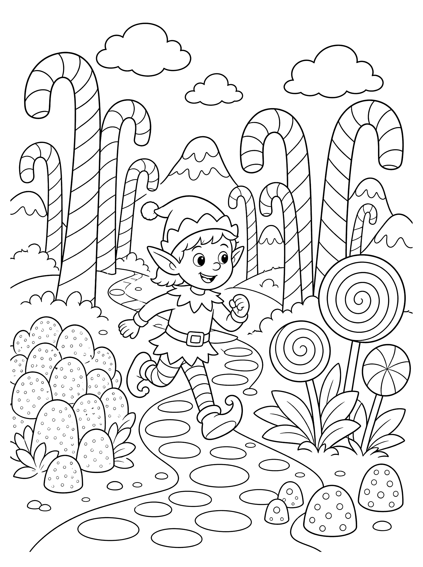 Candy Cane Forest with Elf Coloring Page
