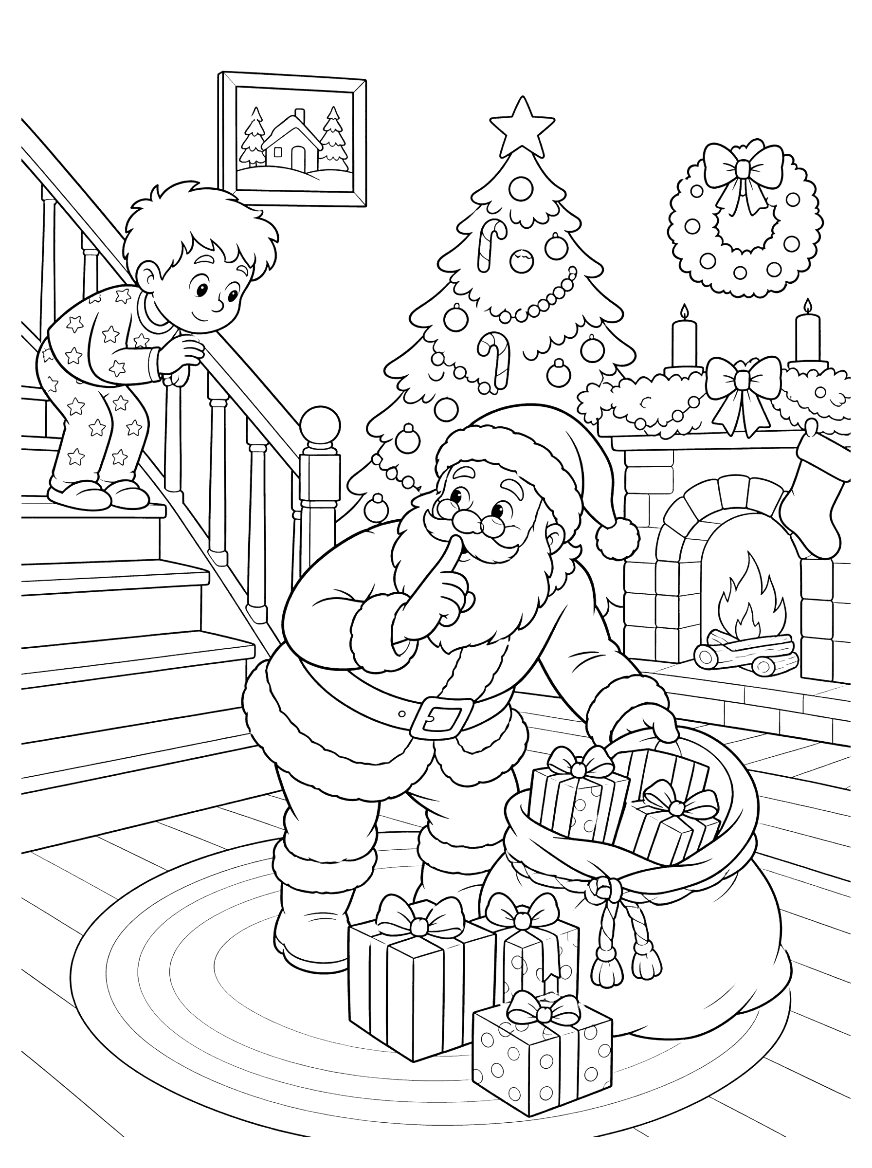 Child Catching Santa on Christmas Eve Coloring Page