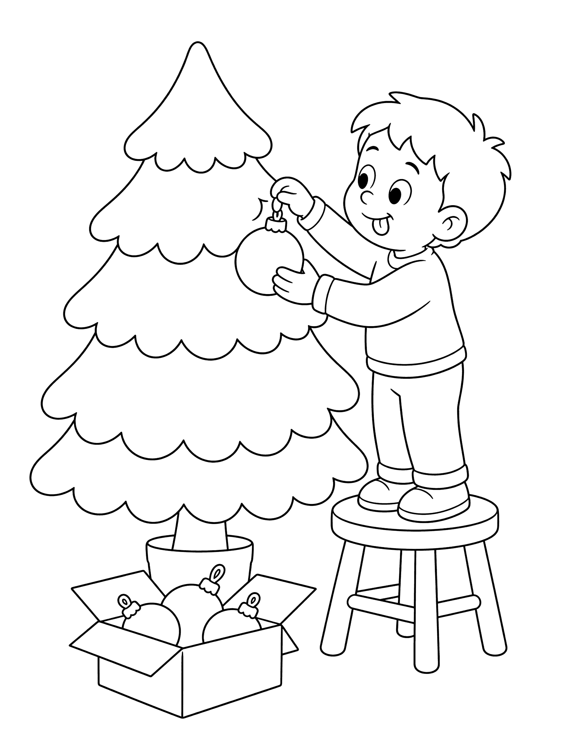 Child Hanging Ornament On Tree Coloring Page