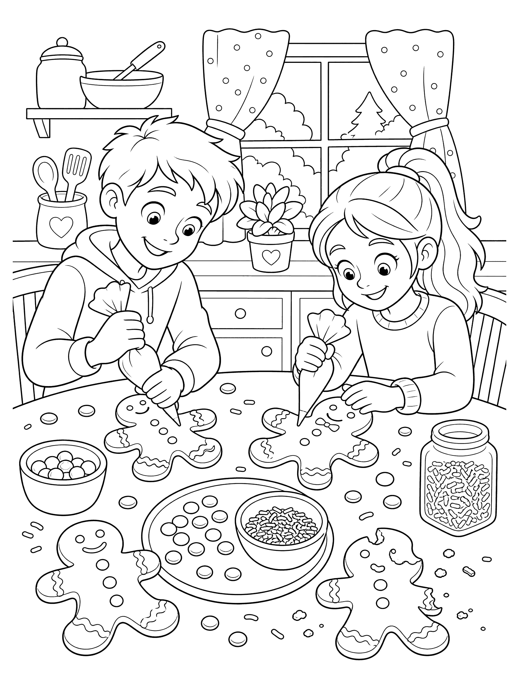 Children Decorating Gingerbread Men Coloring Page