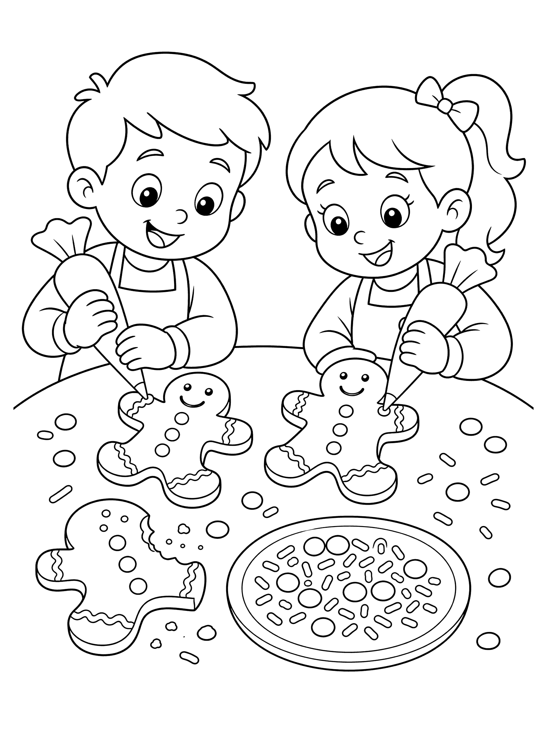 Children Decorating Gingerbread Men Coloring Page