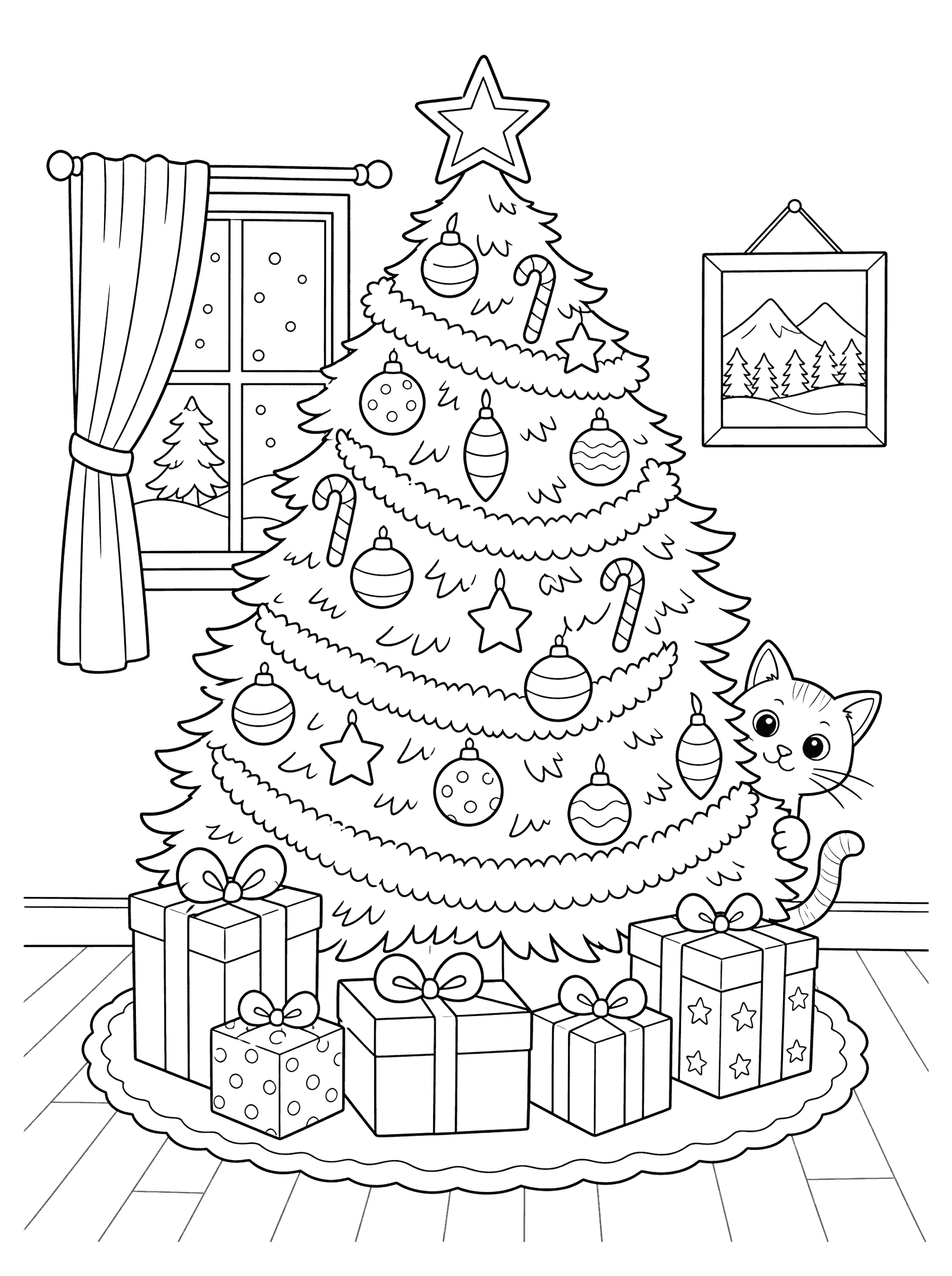 Christmas Tree With Cat Peeking Out Coloring Page