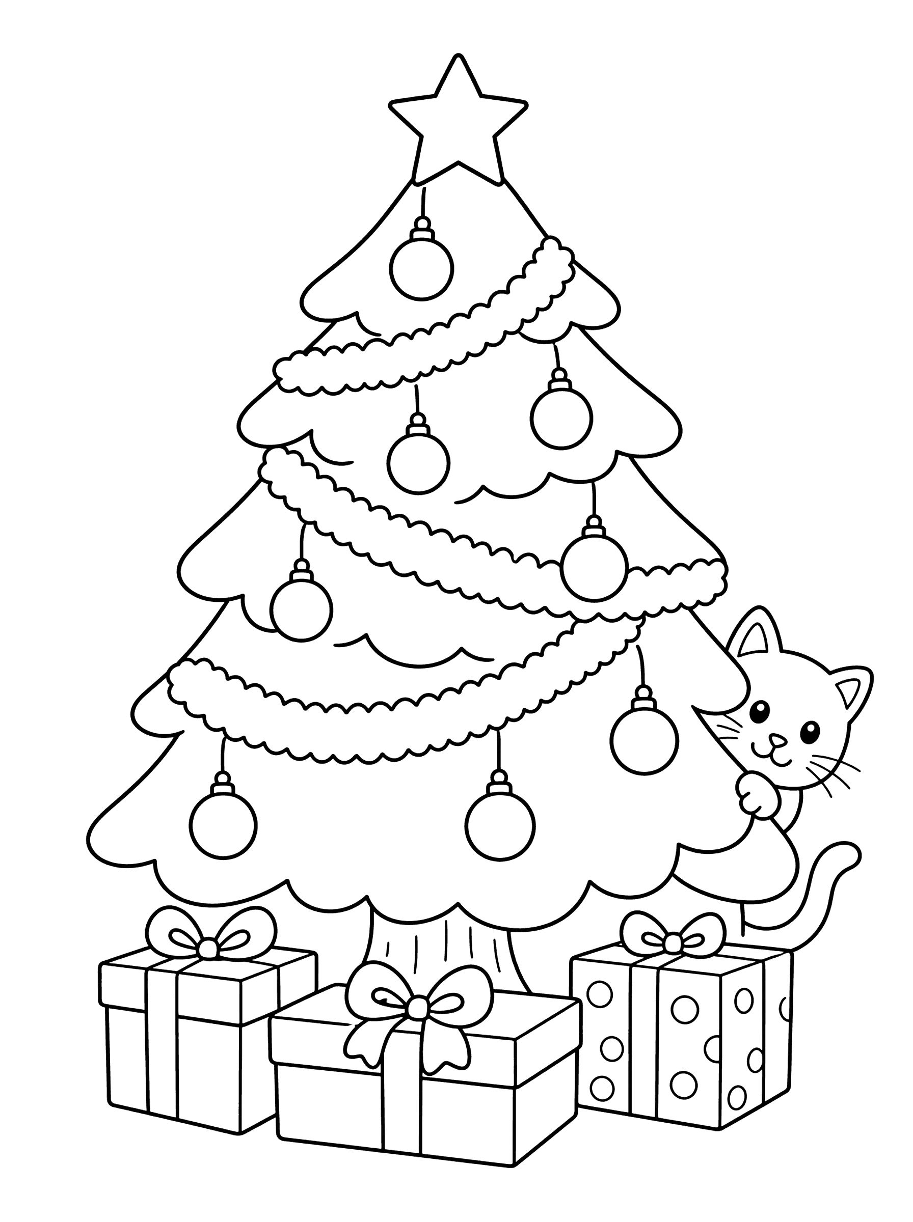 Christmas Tree With Presents And Peeking Cat Coloring Page