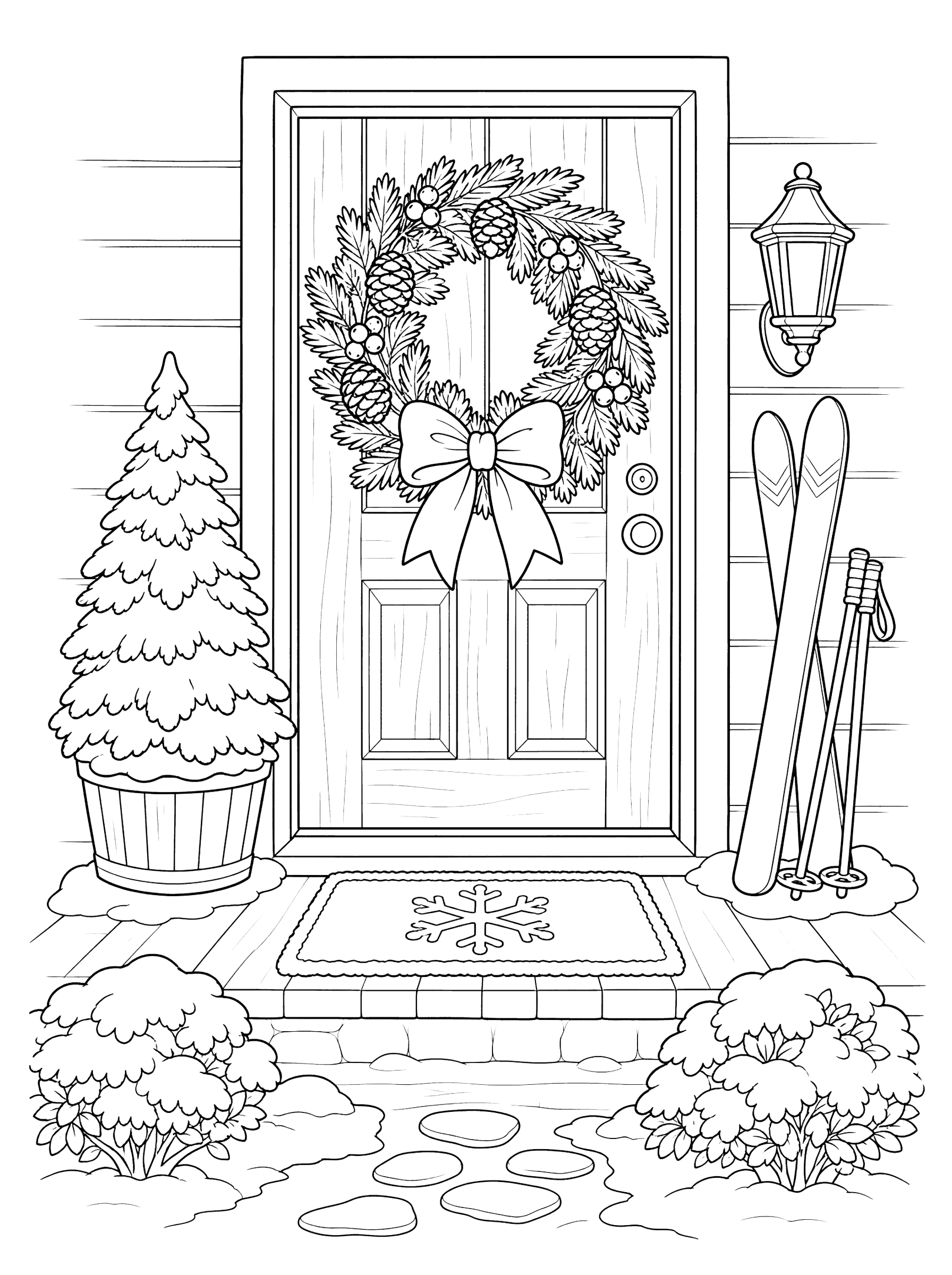 Christmas Wreath on Front Door Coloring Page