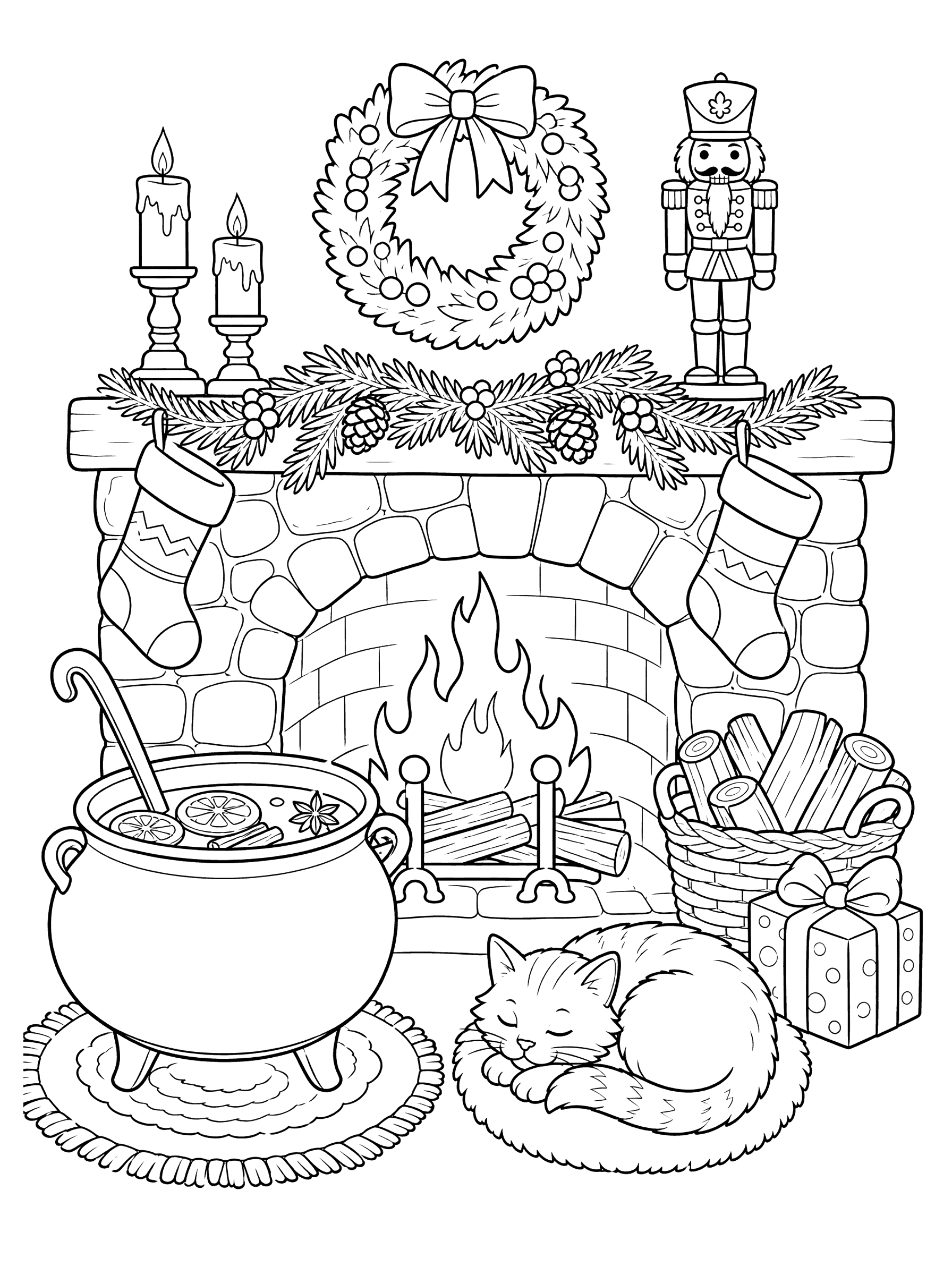 Cozy Christmas Fireplace with Mulled Cider Coloring Page