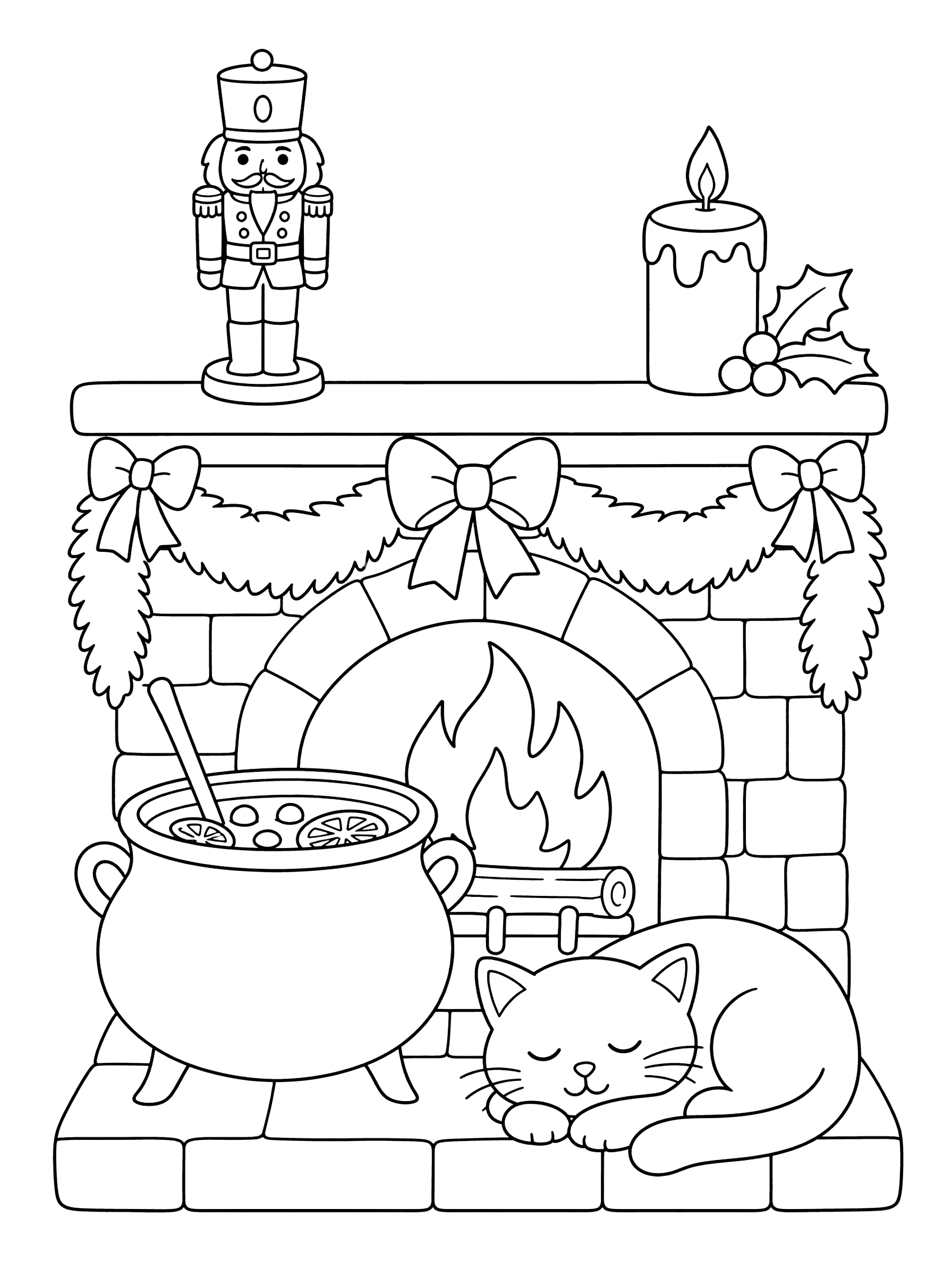 Cozy Fireplace Hearth with Cauldron and Nutcracker Coloring Page