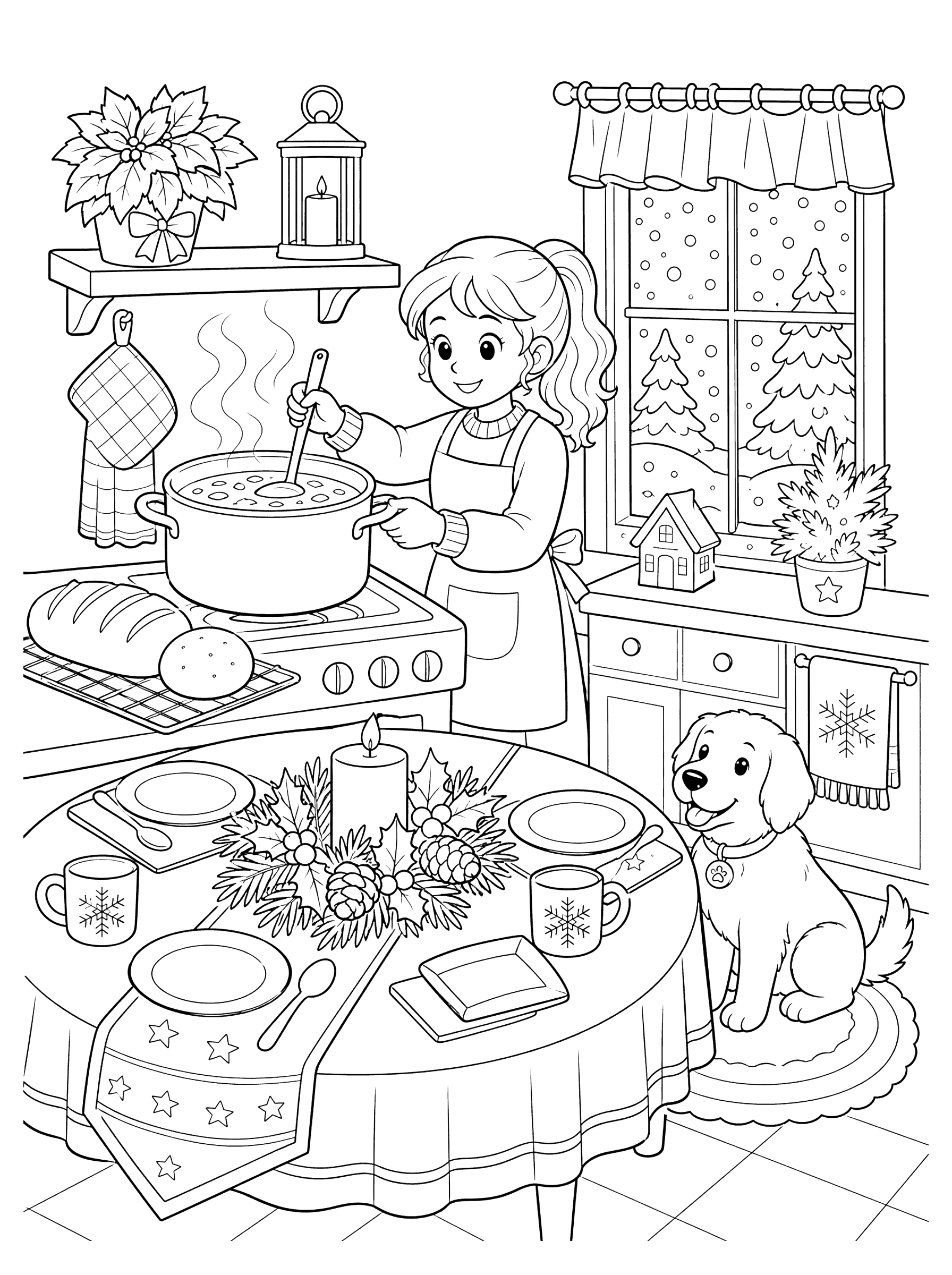 Cozy Winter Kitchen With Soup And Bread Coloring Page