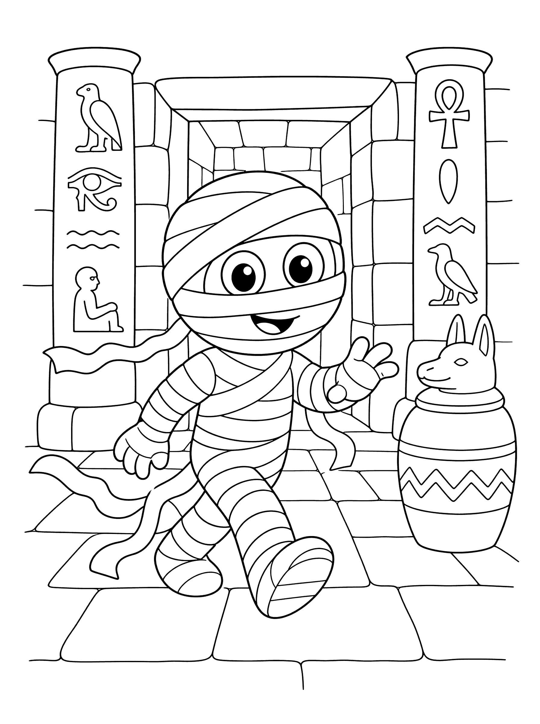 Cute Mummy Walking Through Ancient Tomb Coloring Page