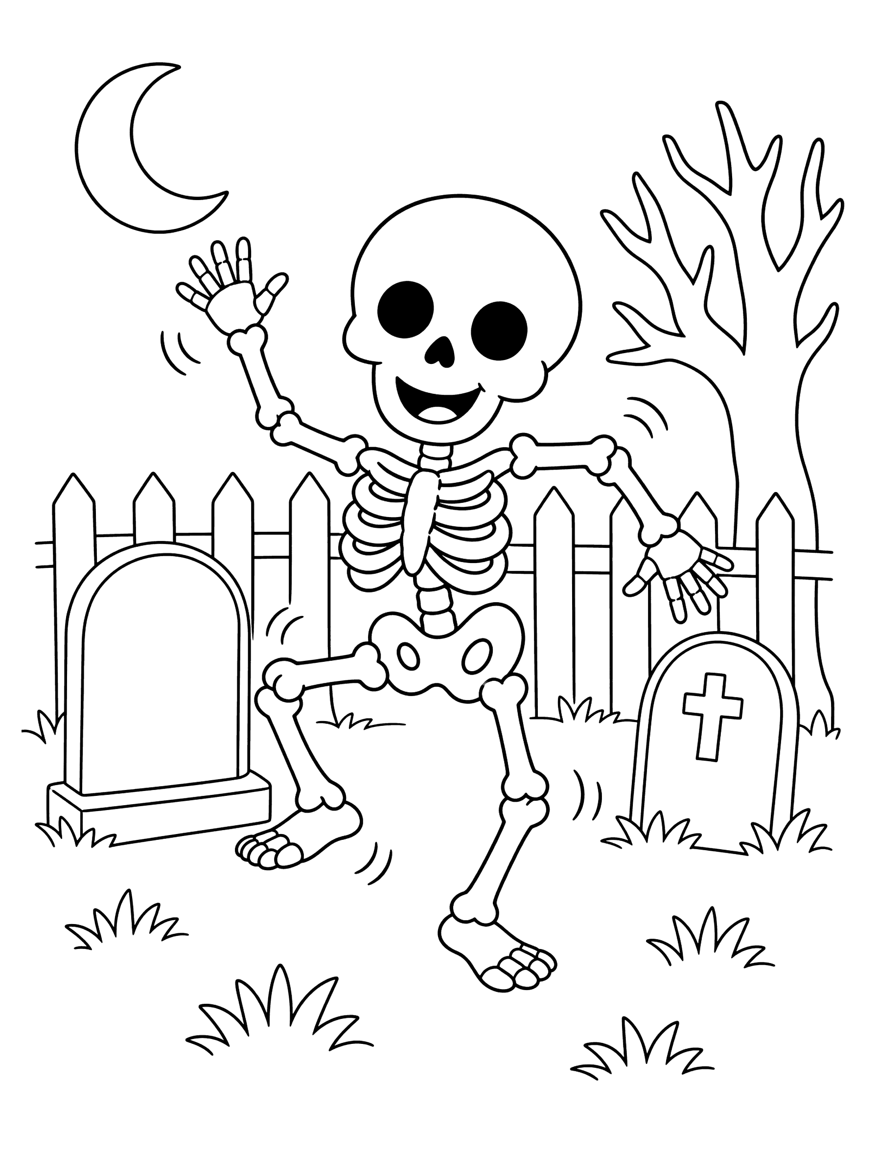 Dancing Skeleton In Graveyard Coloring Page