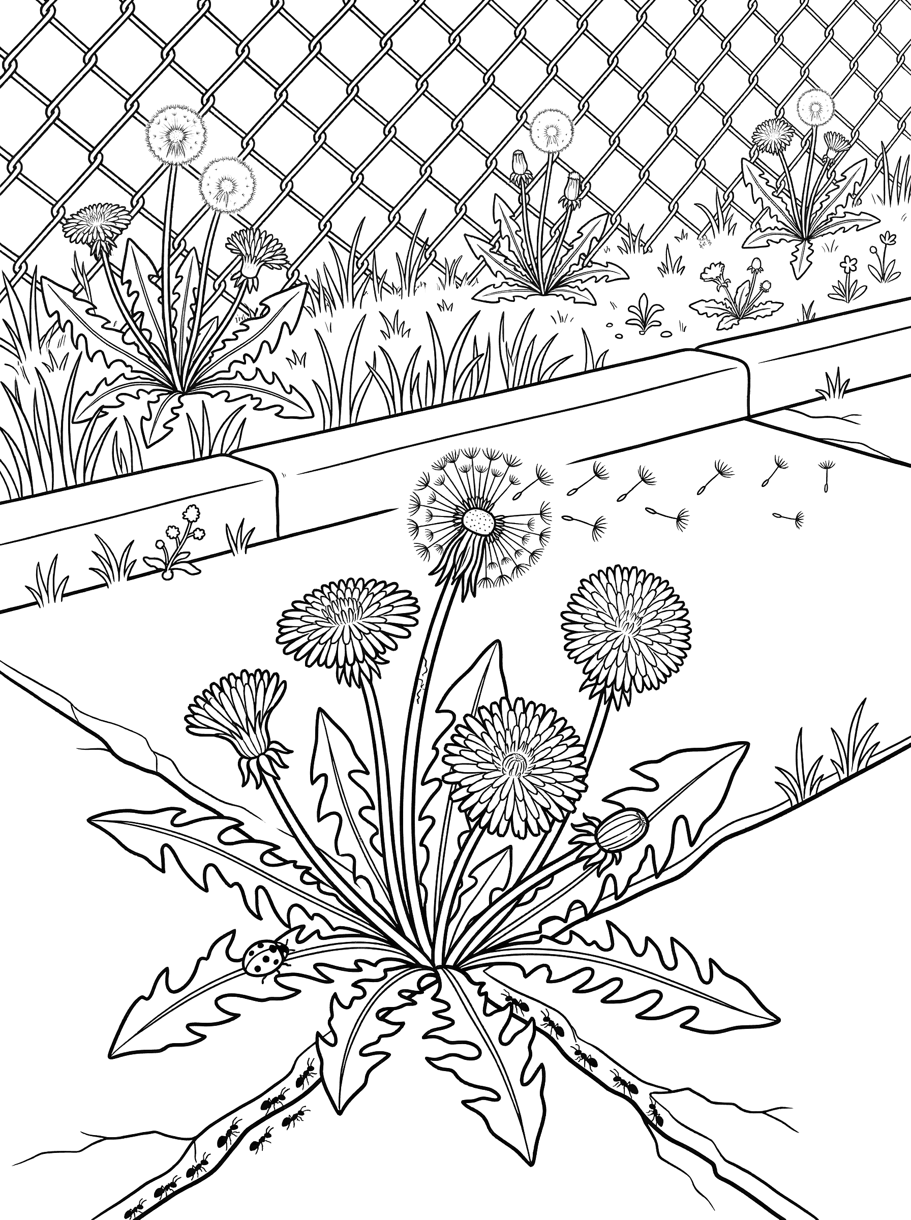 Dandelion Patch with Ladybug and Ant Trail Coloring Page
