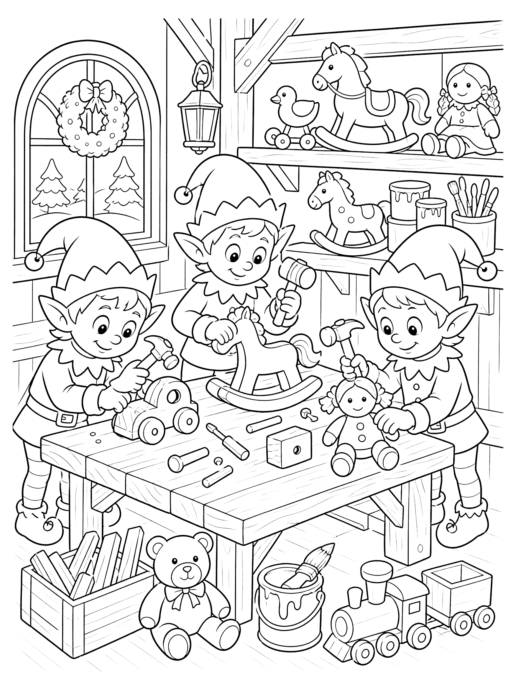 Elf Workshop with Wooden Toys Coloring Page