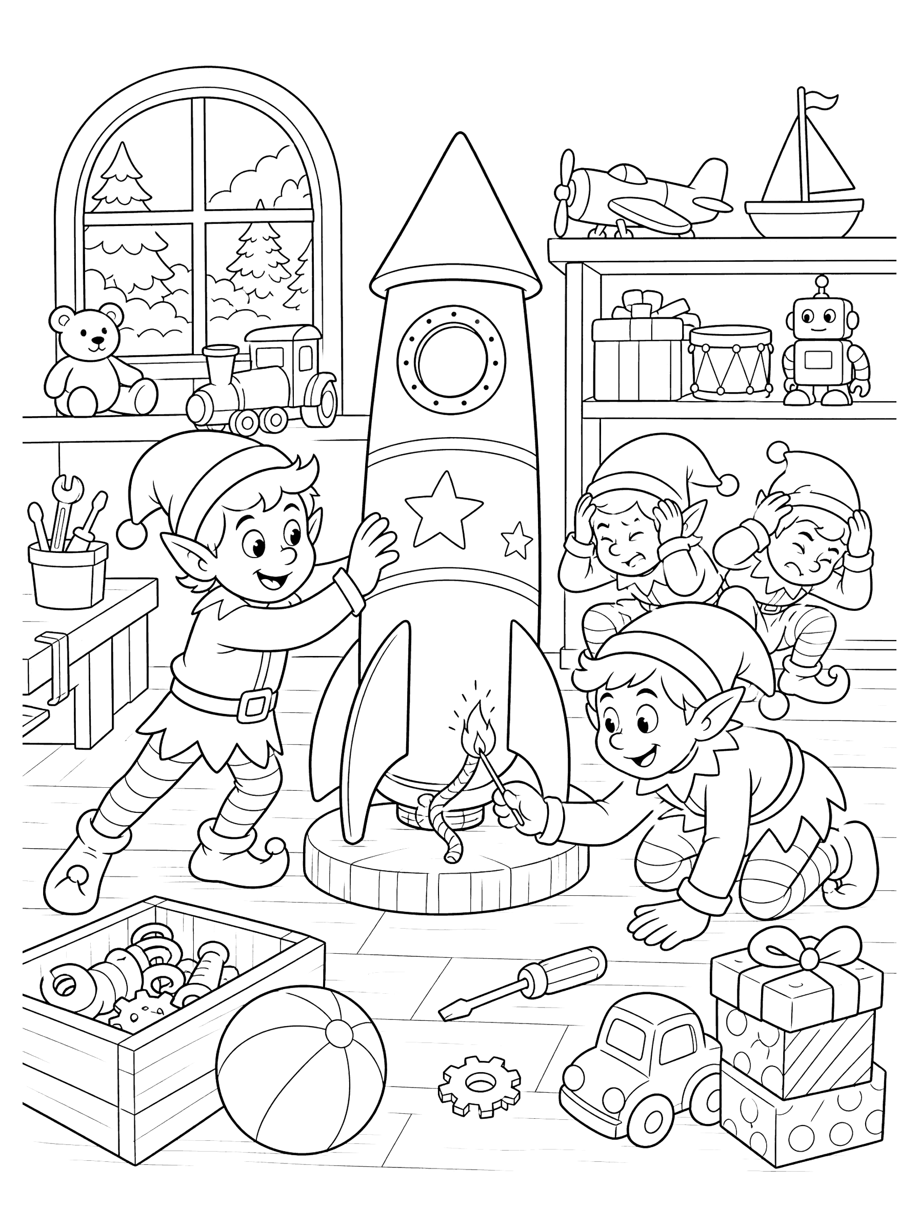 Elves Testing Toy Rocket in Workshop Coloring Page