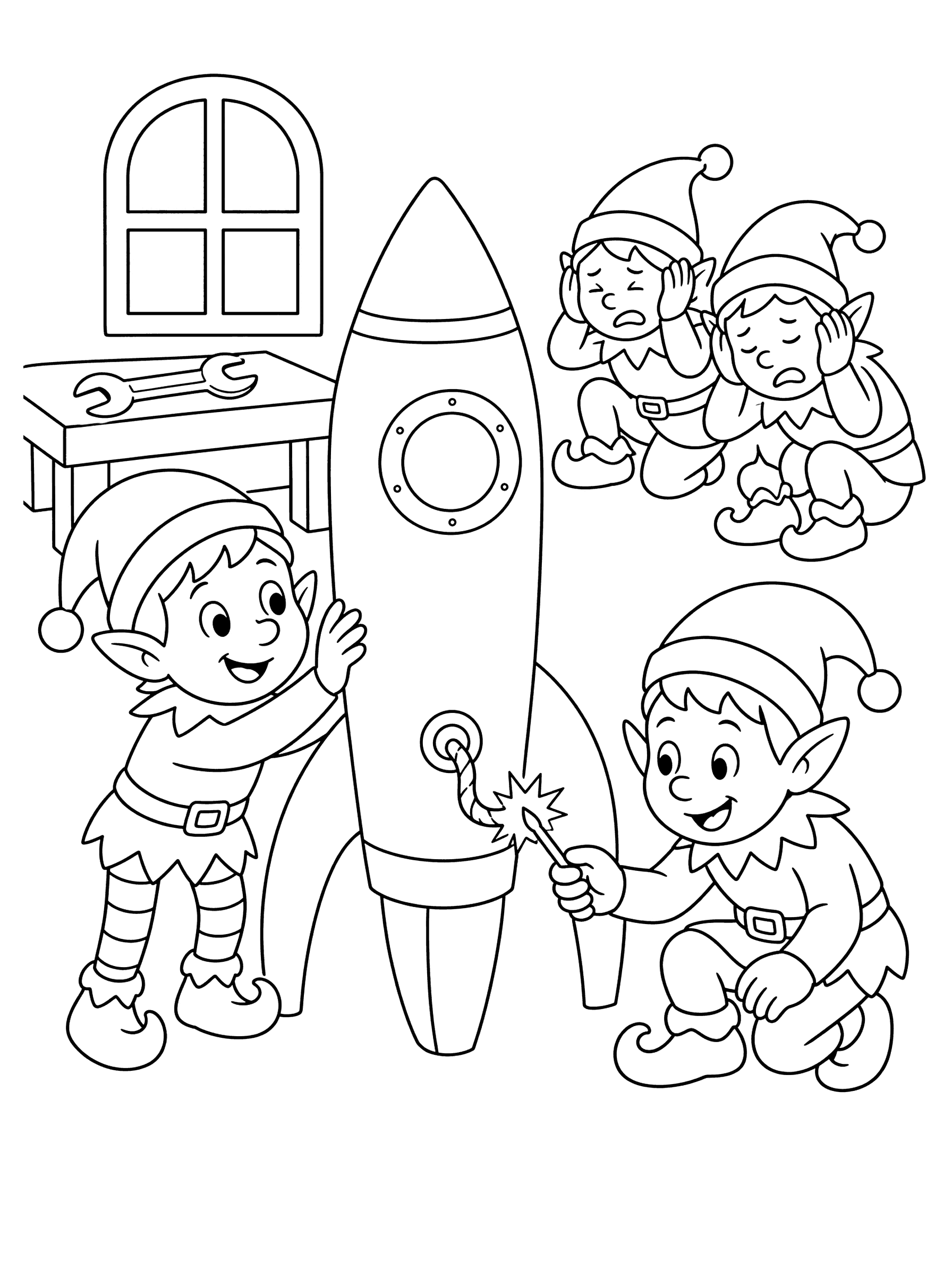 Elves Testing Toy Rocket In Workshop Coloring Page