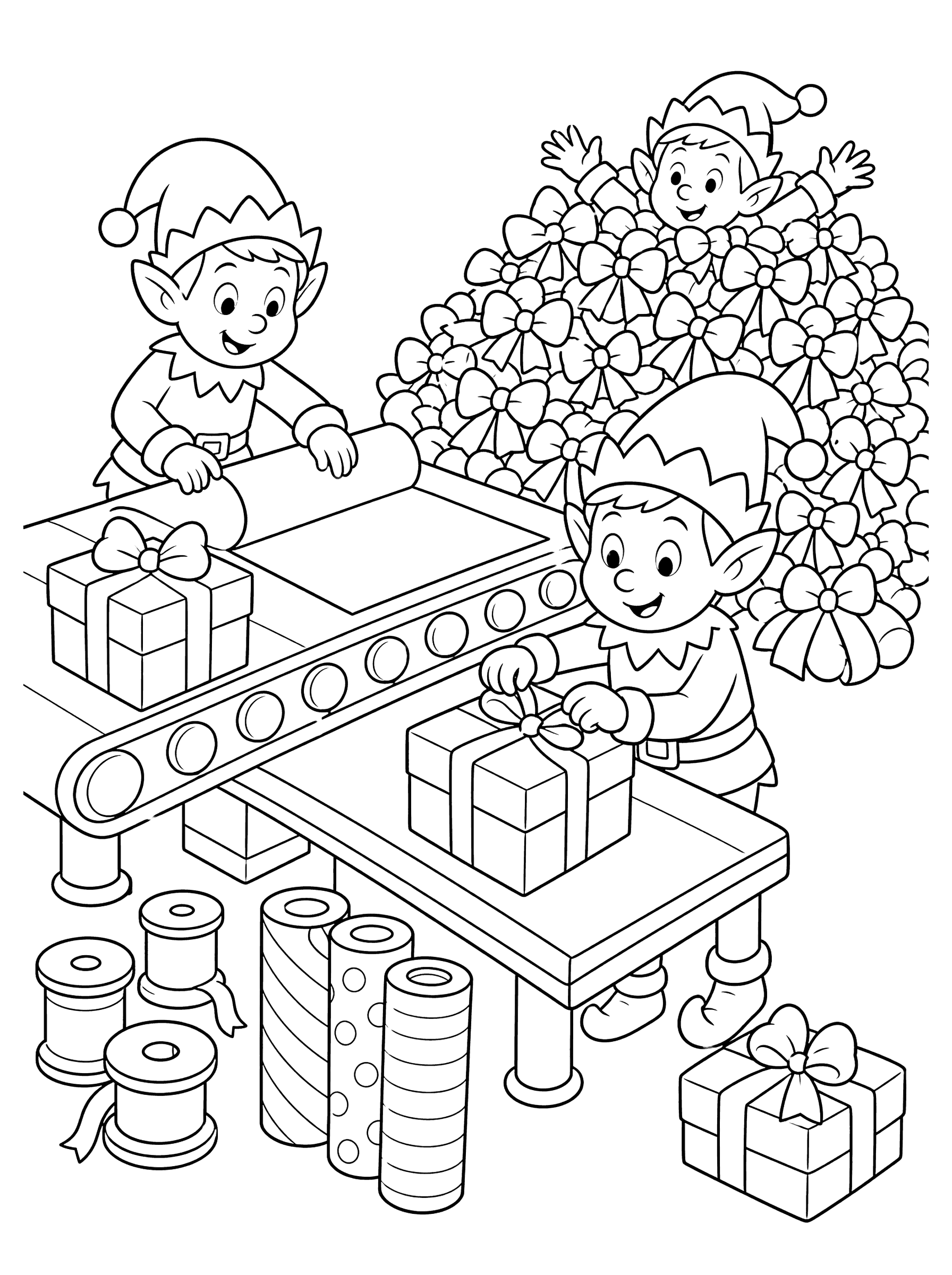 Elves Wrapping Presents on Assembly Line Coloring Page