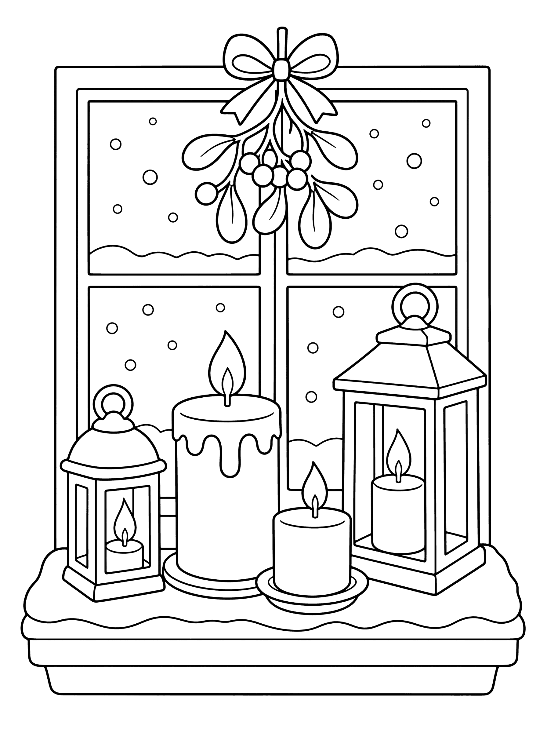 Festive Candles and Lanterns on a Frosty Windowsill Coloring Page