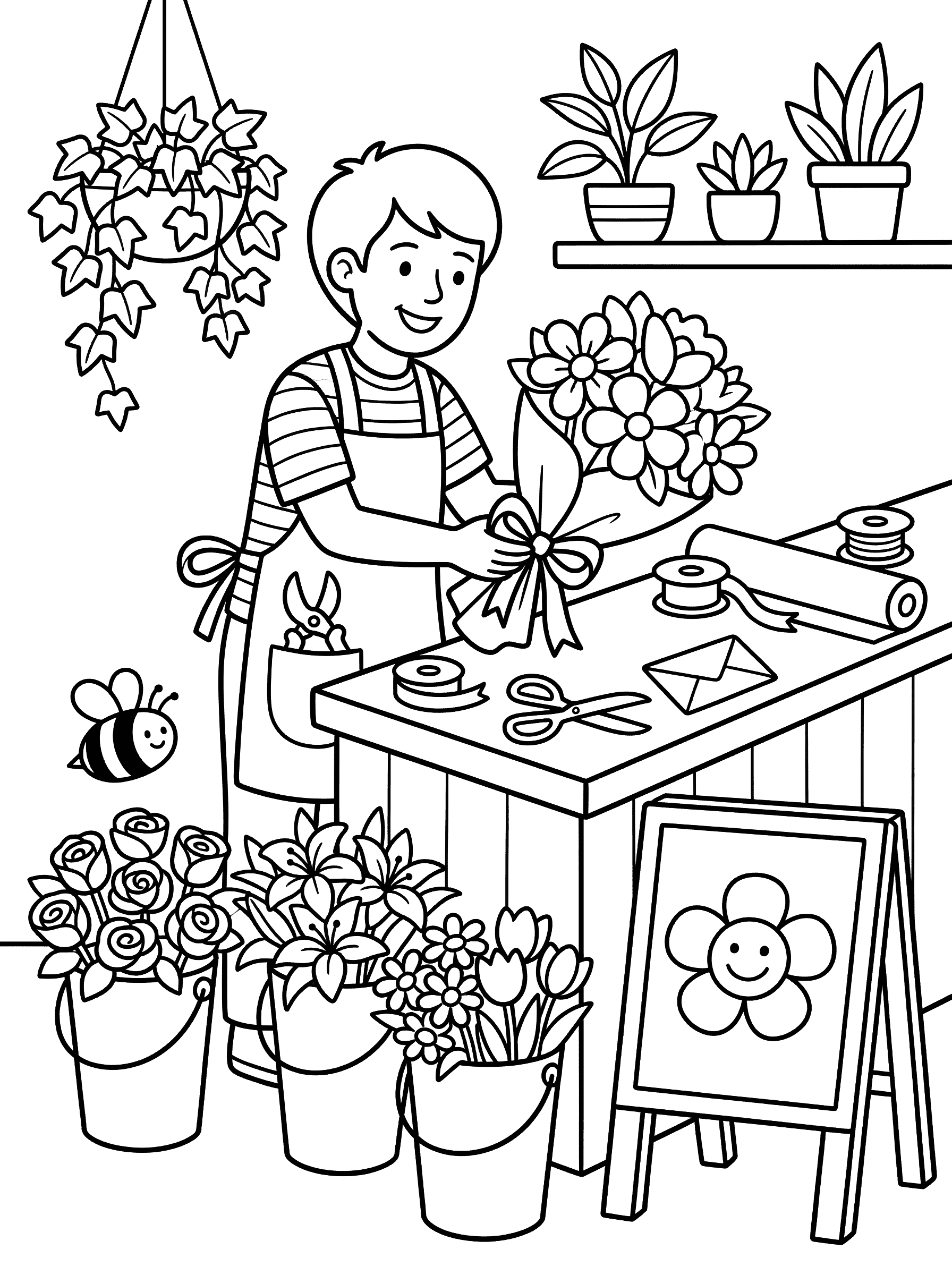 Florist in Flower Shop Wrapping Bouquet Coloring Page