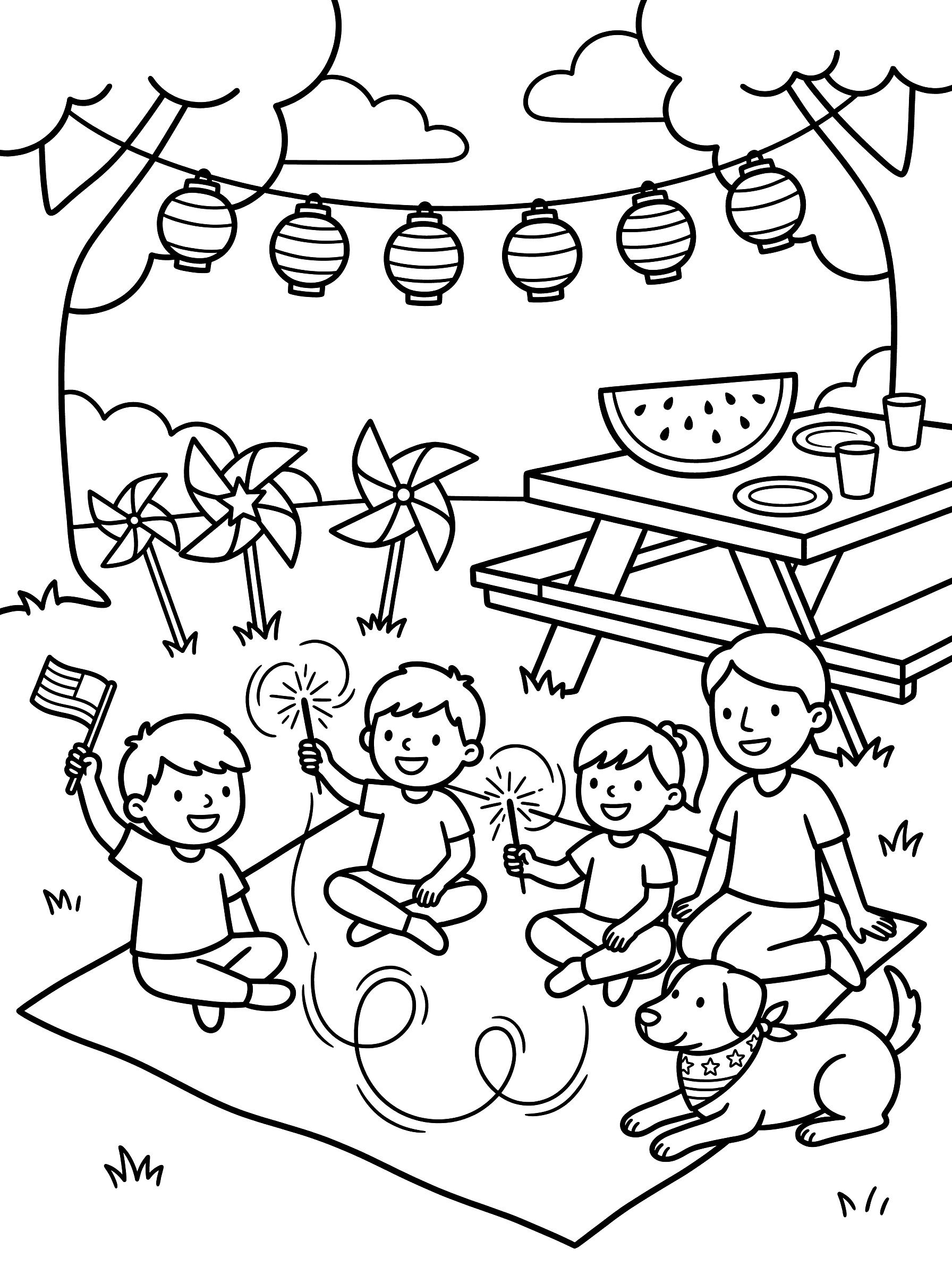 Fourth of July Neighborhood Celebration Coloring Page
