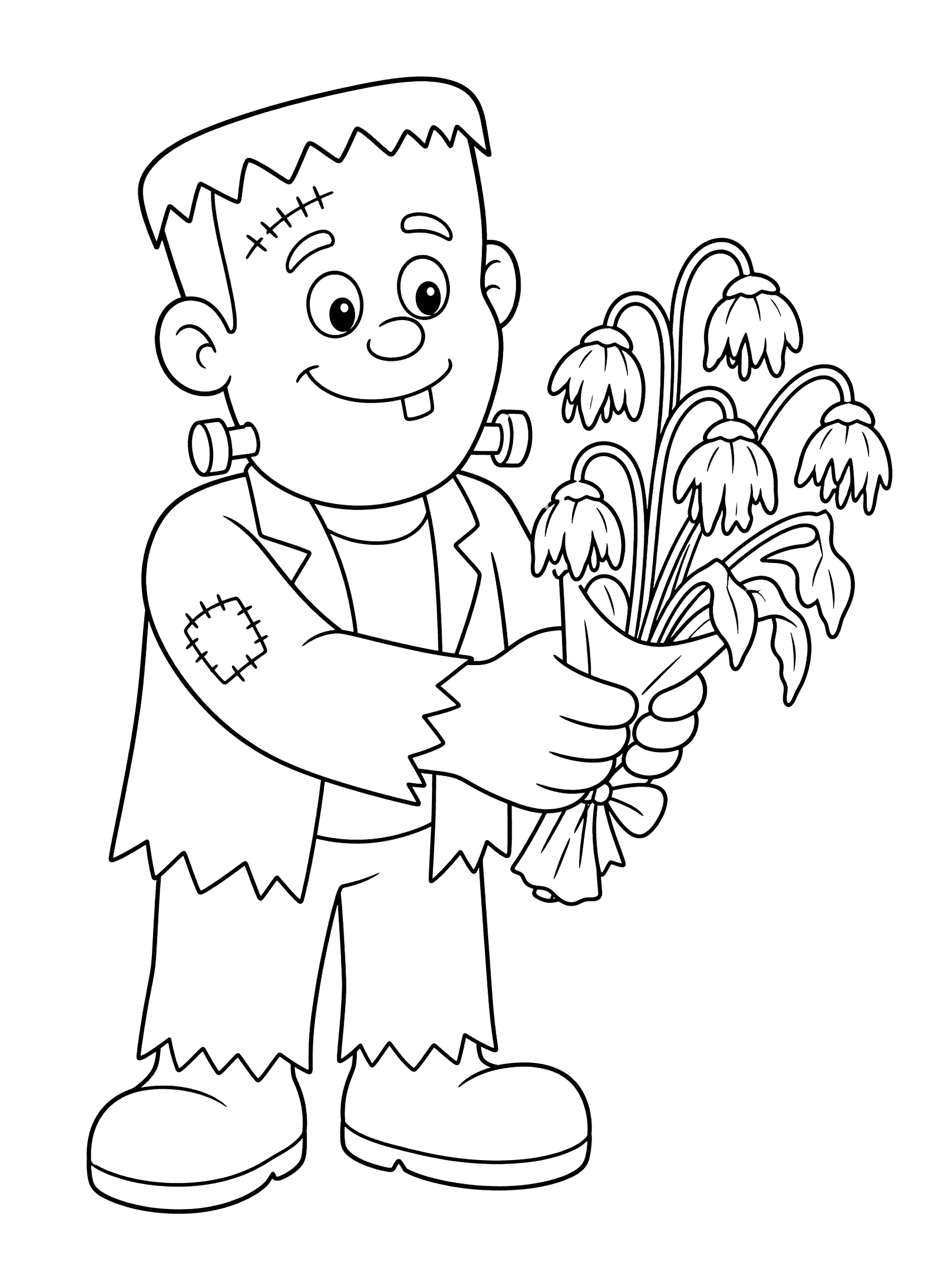 Friendly Frankenstein Monster With Dead Flowers Coloring Page