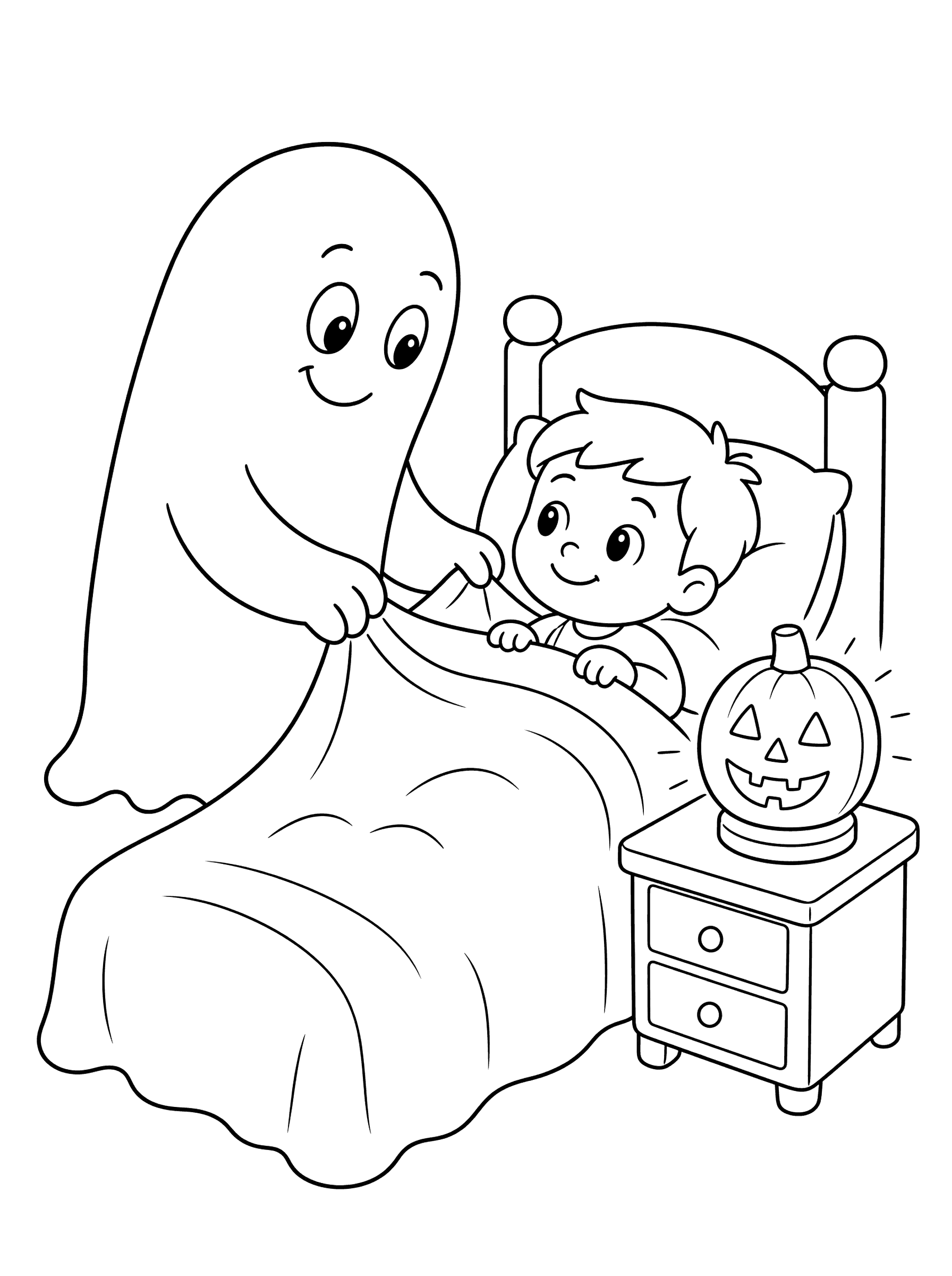 Friendly Ghost Tucking Child Into Bed Coloring Page