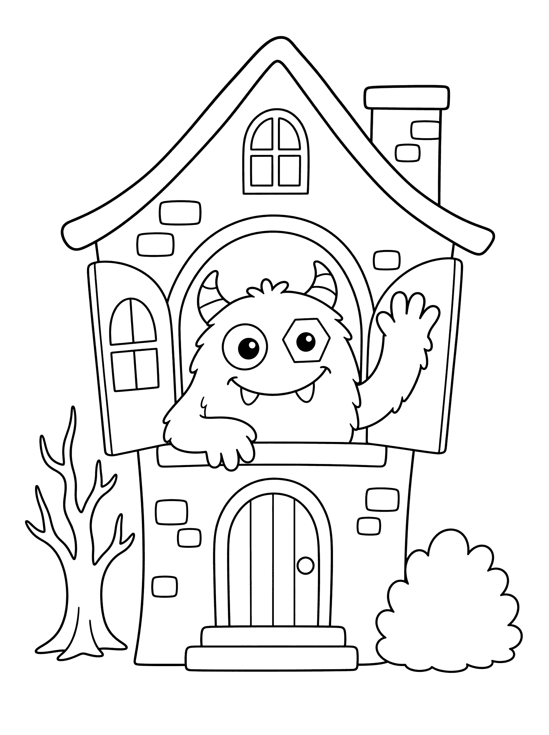 Friendly Monster Waving From Haunted House Window Coloring Page