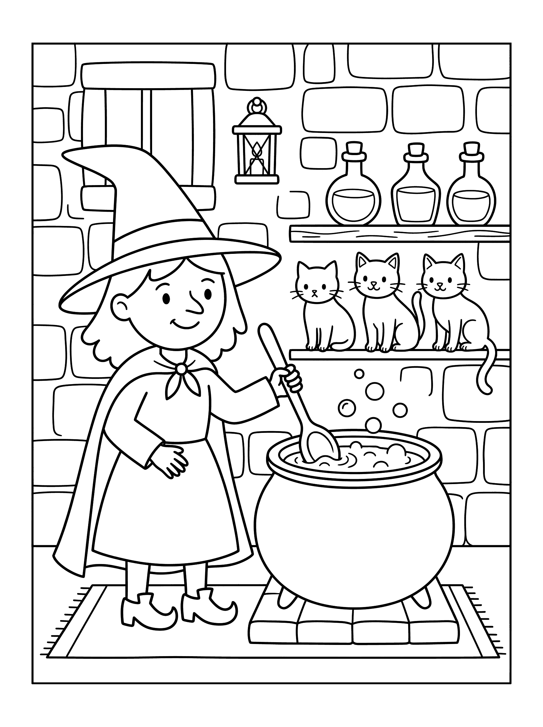 Friendly Witch Stirring Cauldron Coloring Page
