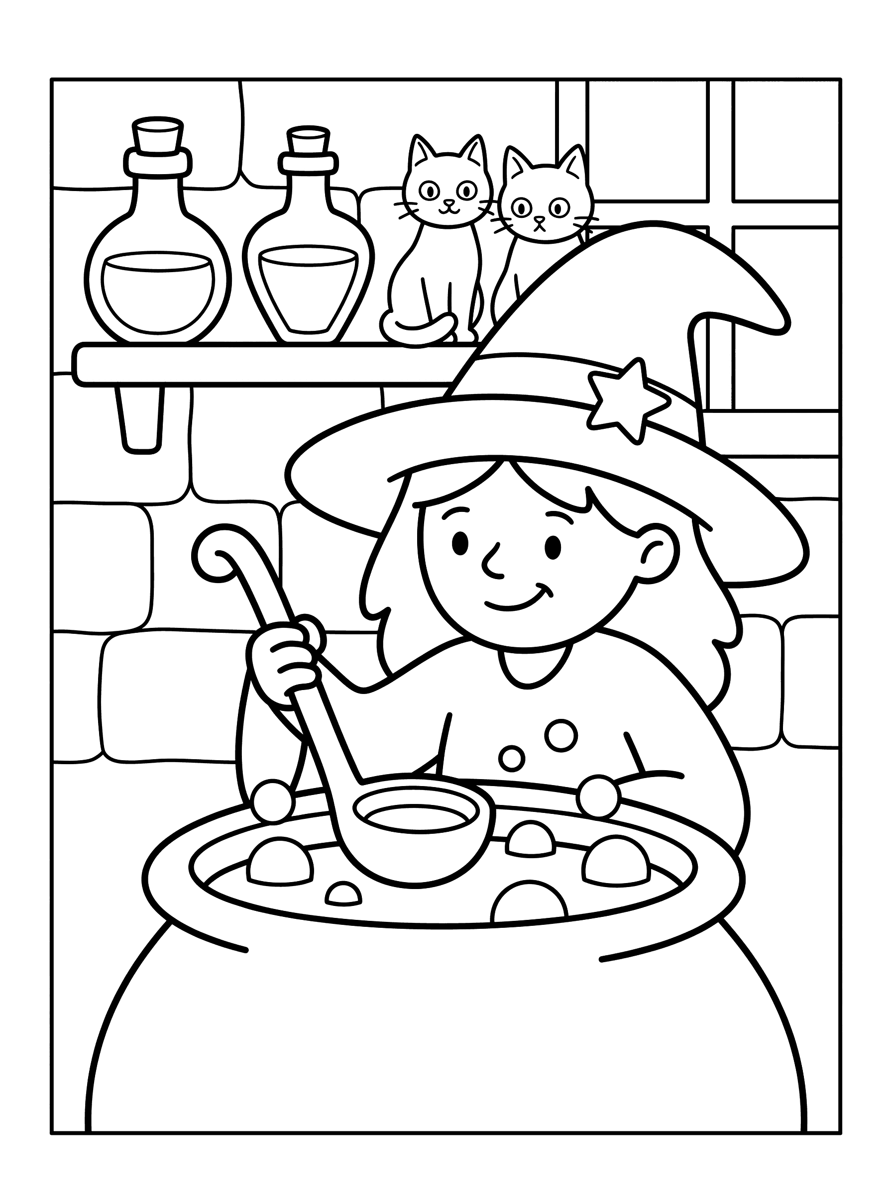 Friendly Witch Stirring Cauldron Coloring Page