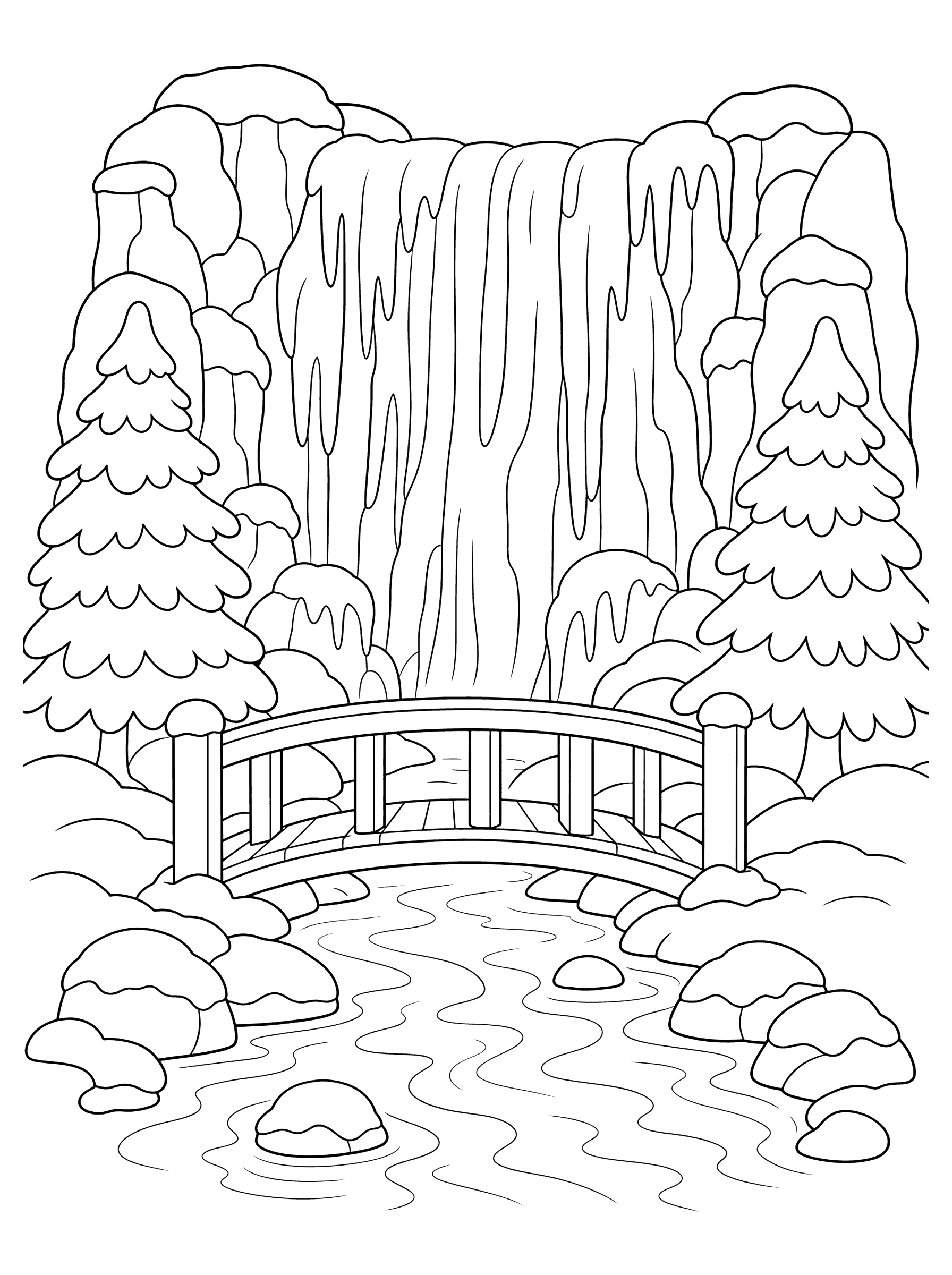 Frozen Waterfall With Bridge Coloring Page