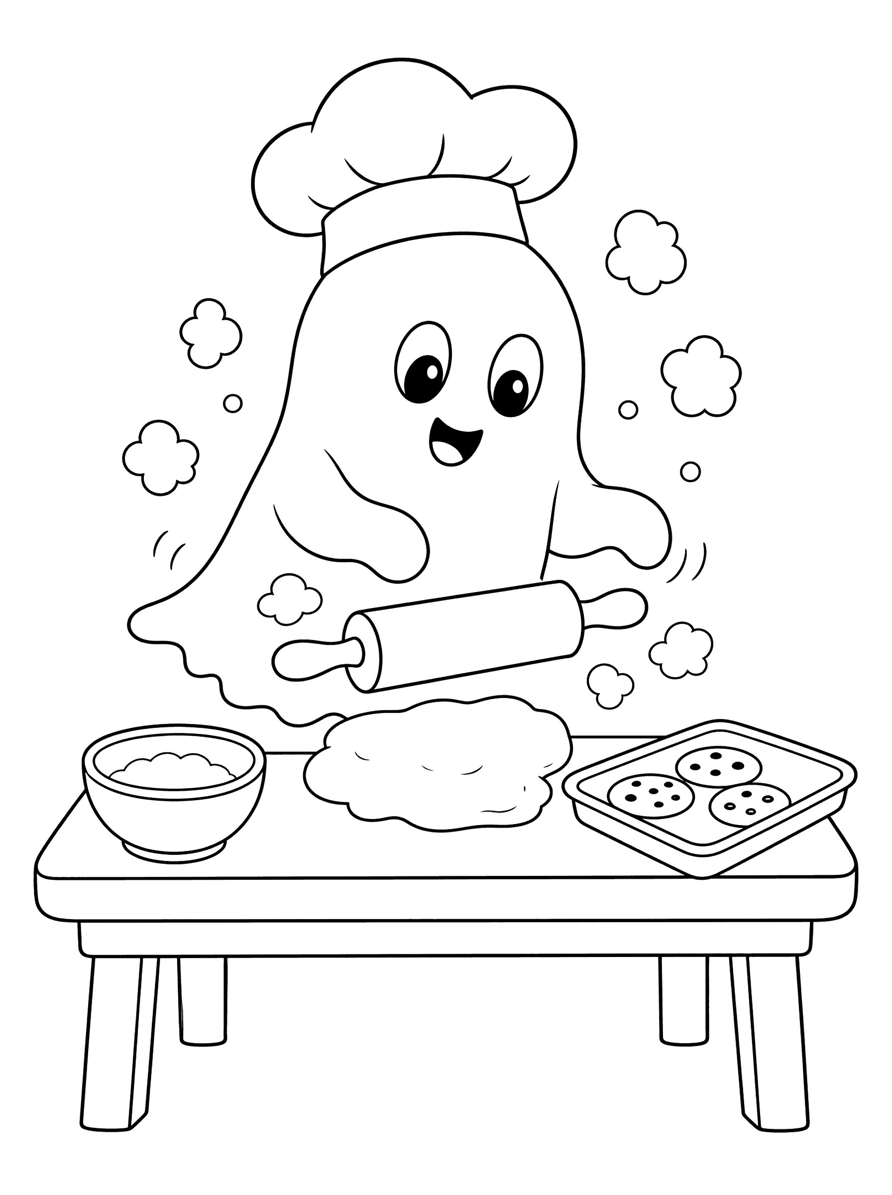 Ghost Baking Cookies in Haunted Kitchen Coloring Page
