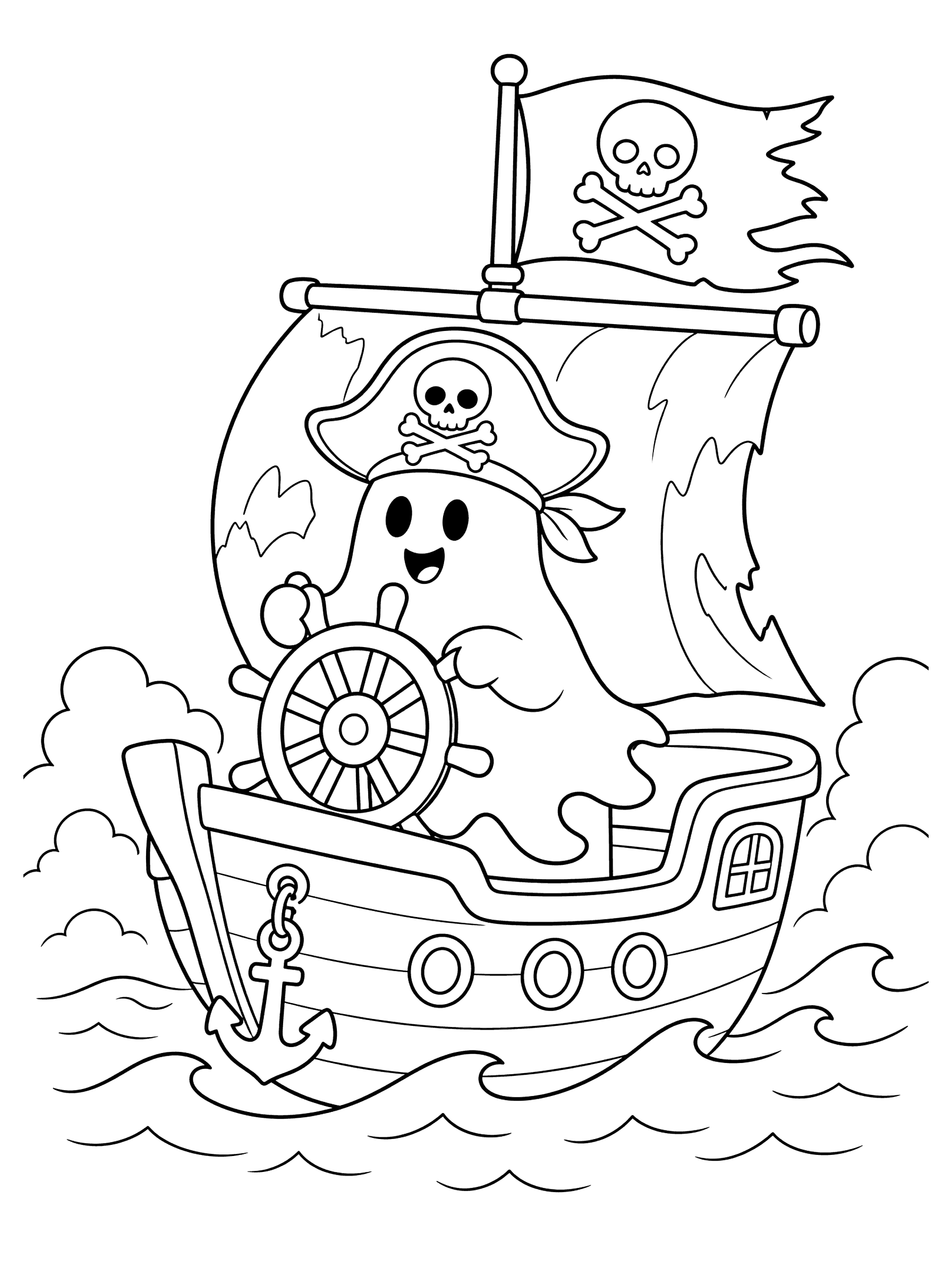 Ghost Pirate Steering Spooky Ship Coloring Page