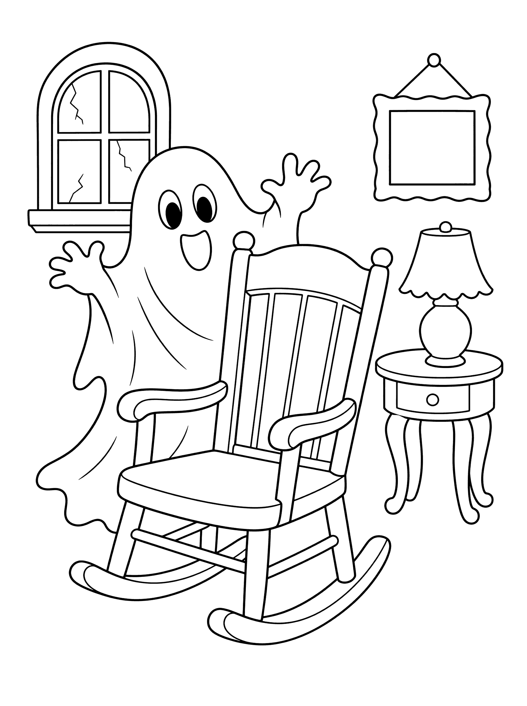 Ghost Saying Boo Behind Rocking Chair Coloring Page