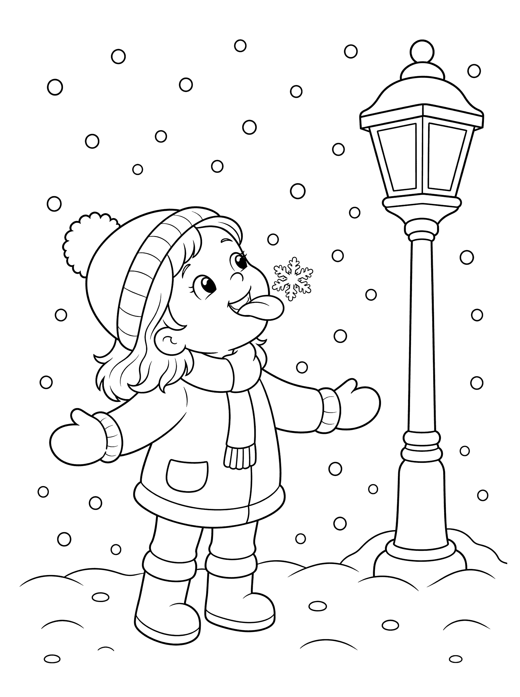 Girl Catching Snowflake on Her Tongue Coloring Page