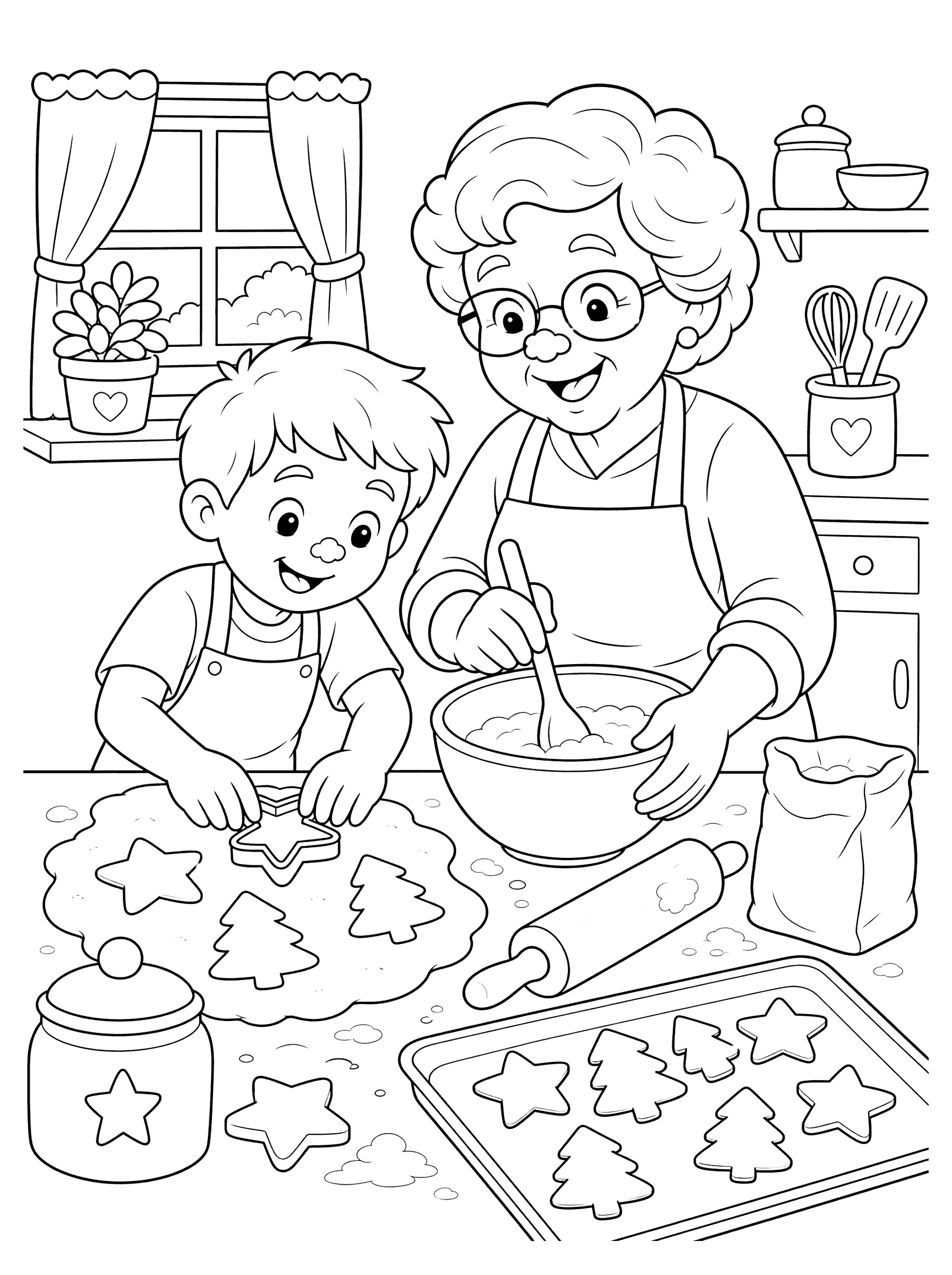 Grandparent and Child Baking Cookies Together Coloring Page