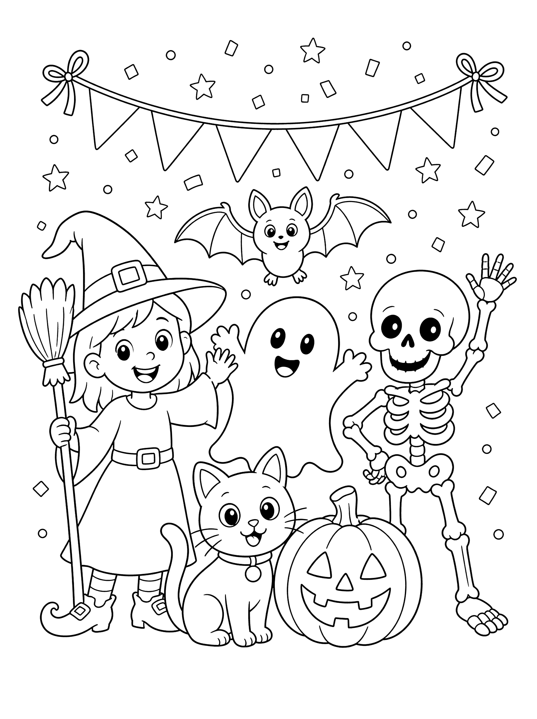 Happy Halloween Group Coloring Page