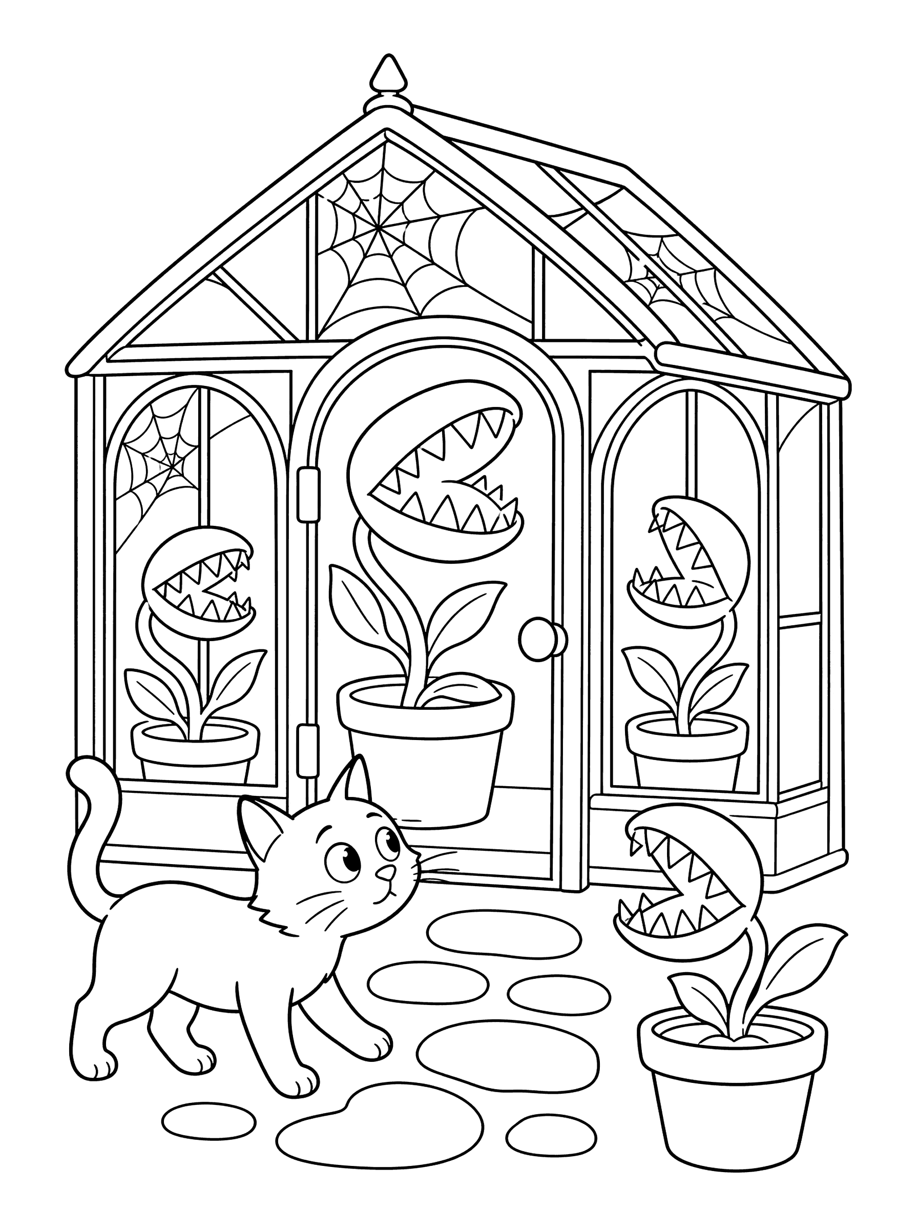 Haunted Greenhouse With Snapping Plants Coloring Page