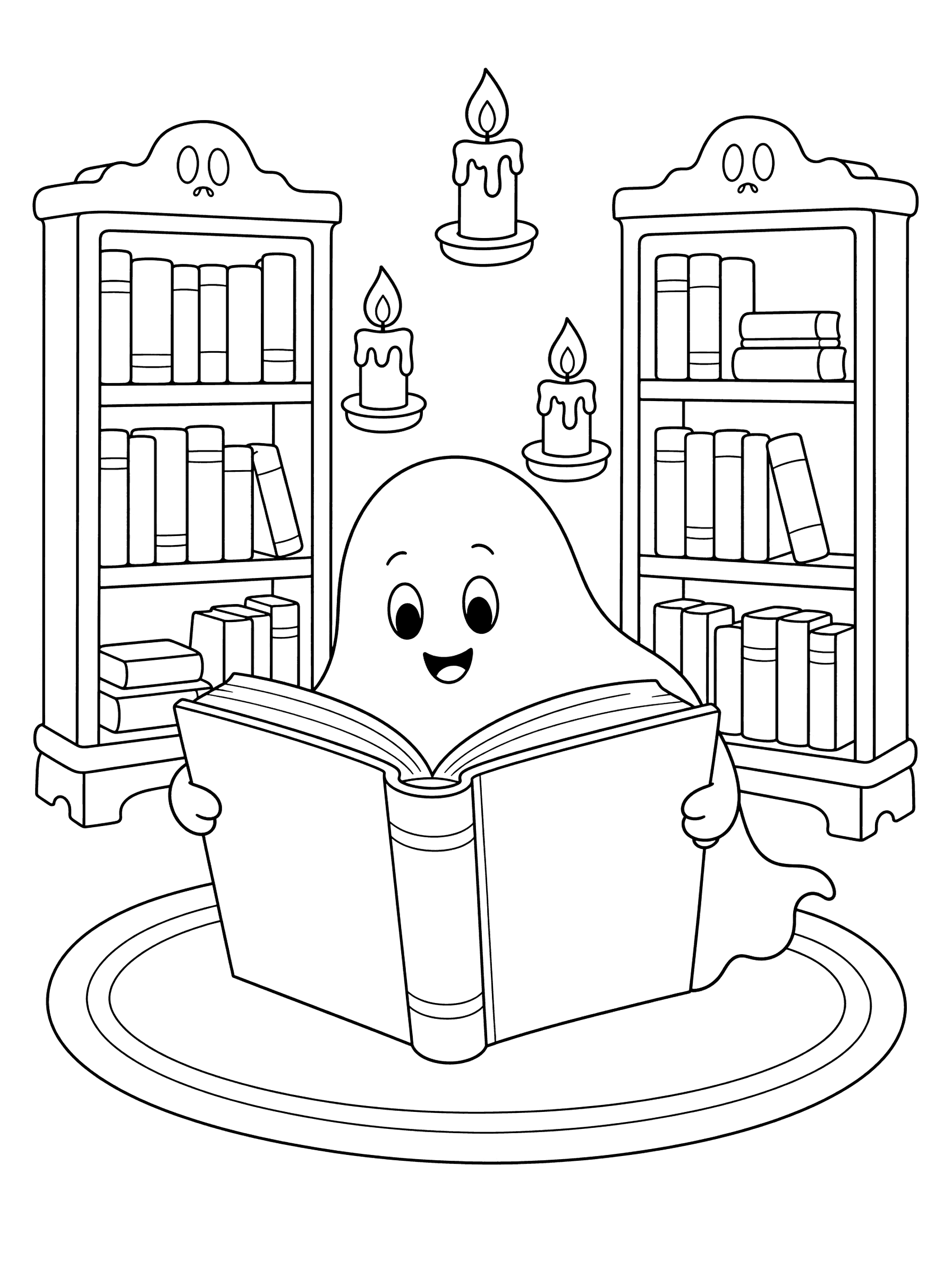 Haunted Library With Ghost Reading a Giant Book Coloring Page