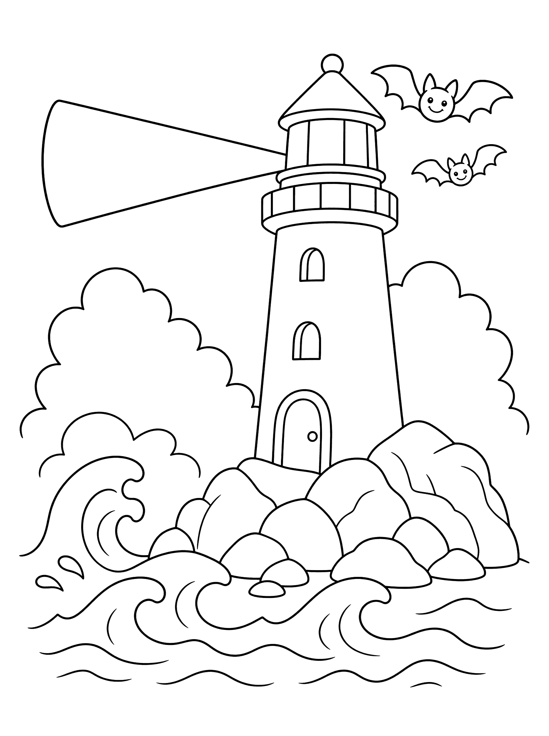 Haunted Lighthouse on a Rocky Shore Coloring Page