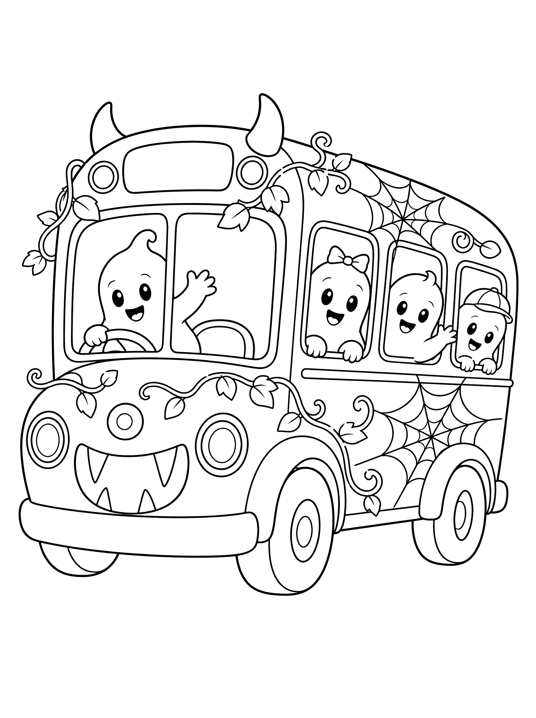 Haunted School Bus With Ghost Children Coloring Page
