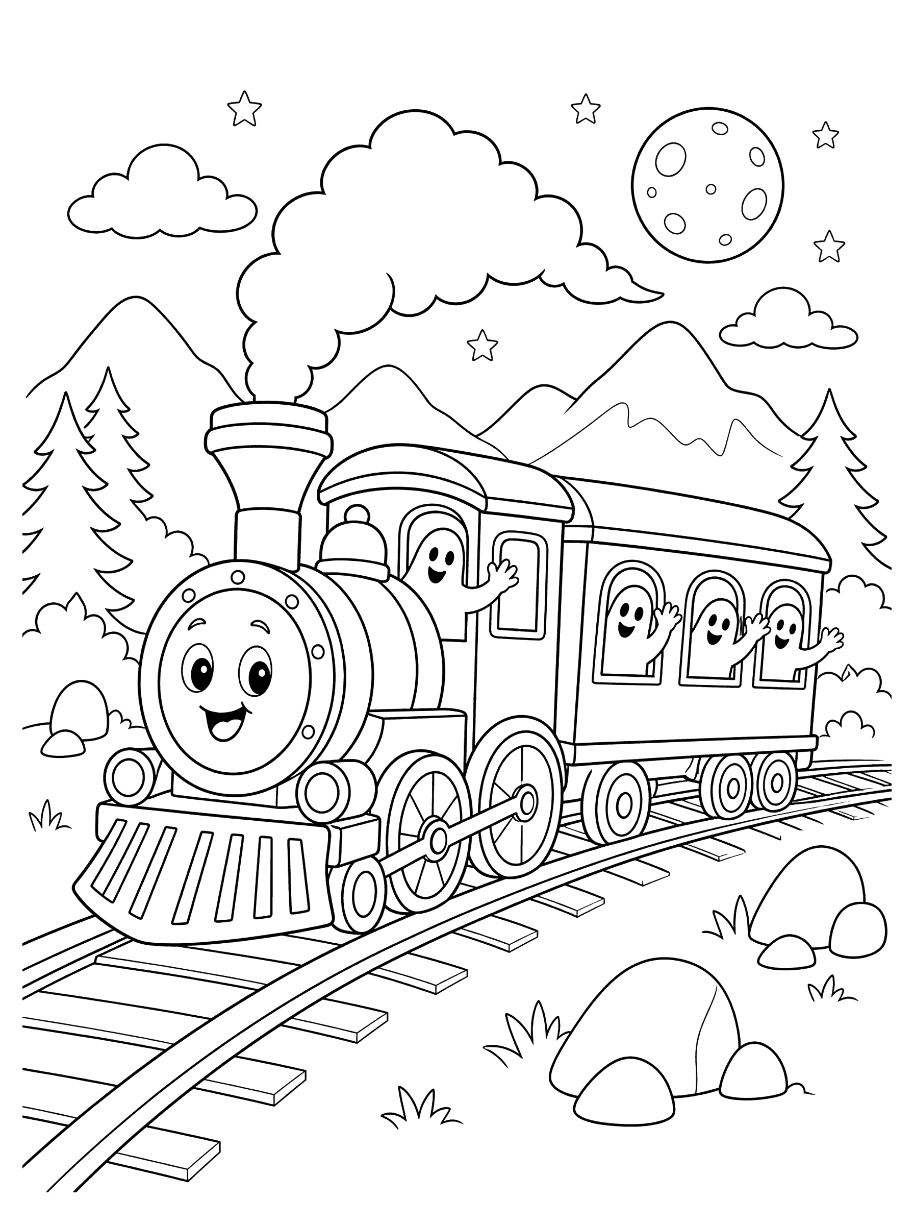 Haunted Train In Foggy Valley Coloring Page