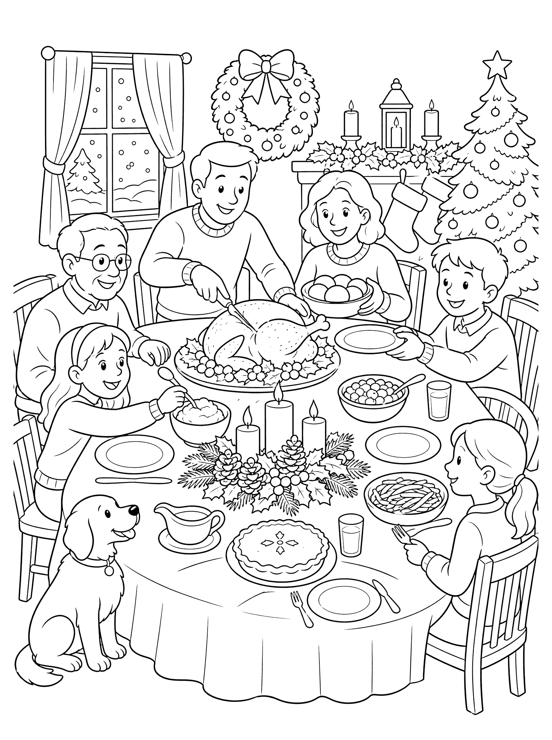 Holiday Dinner Table With Family Coloring Page