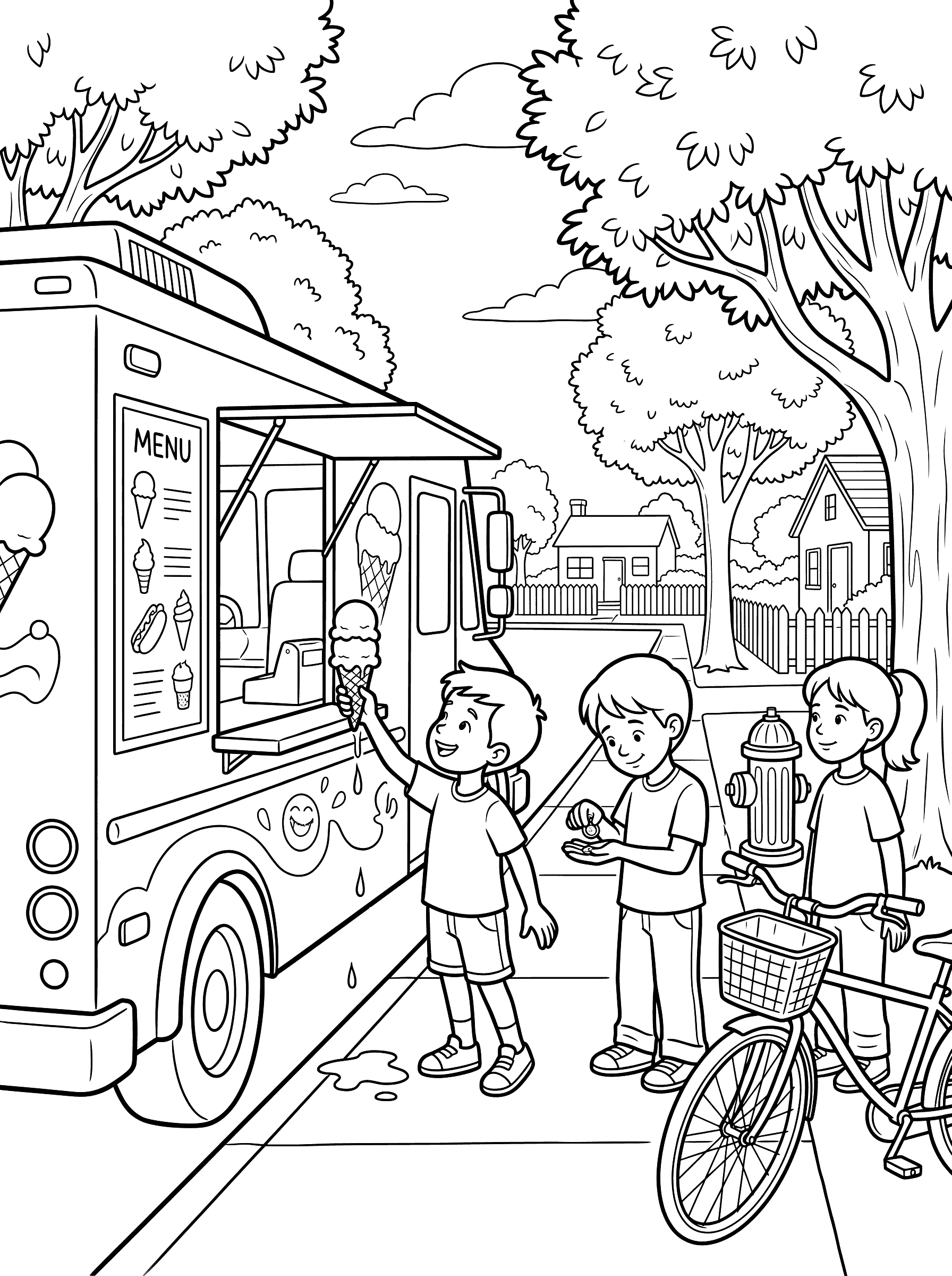 Ice Cream Truck and Kids on Residential Street Coloring Page