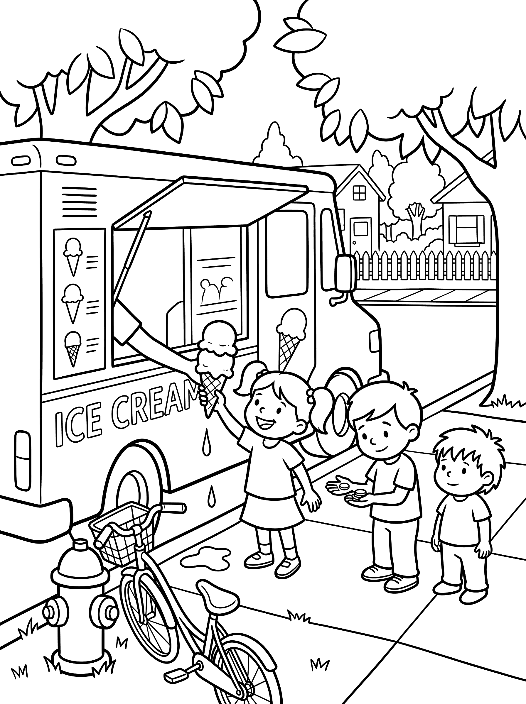 Ice Cream Truck with Kids in Line Coloring Page