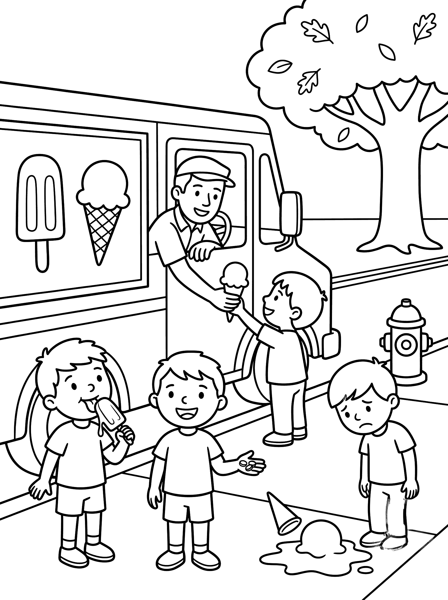 Ice Cream Truck With Kids on Street Coloring Page