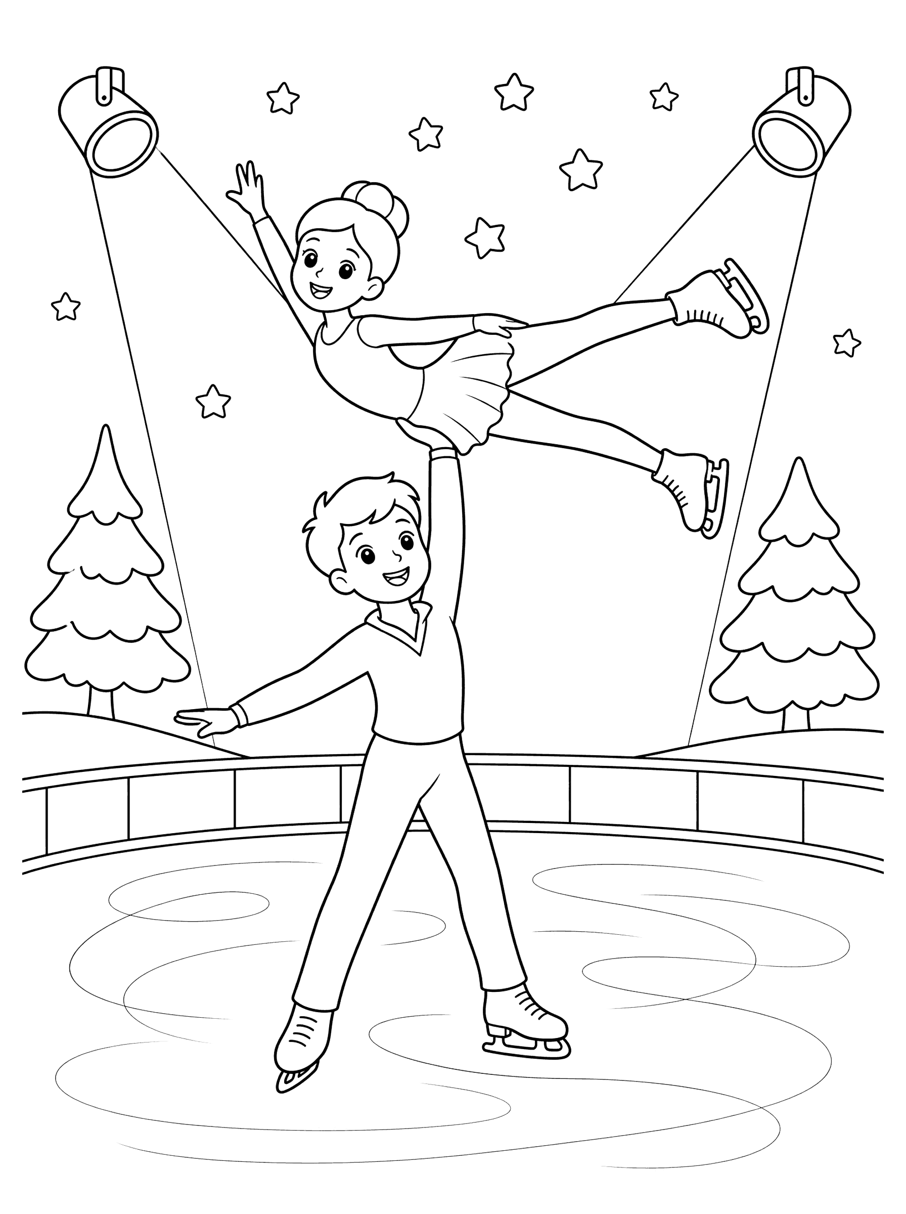 Ice Dancers Performing a Lift Under Starry Sky Coloring Page