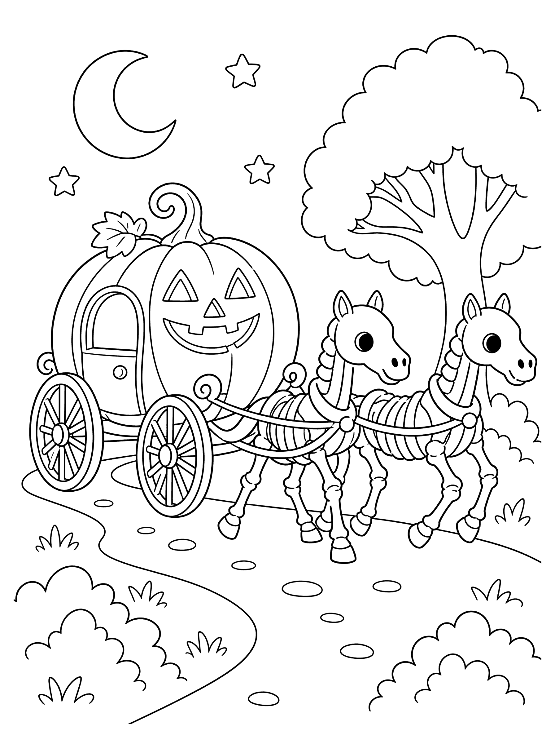 Jack-o'-Lantern Carriage With Skeleton Horses Coloring Page