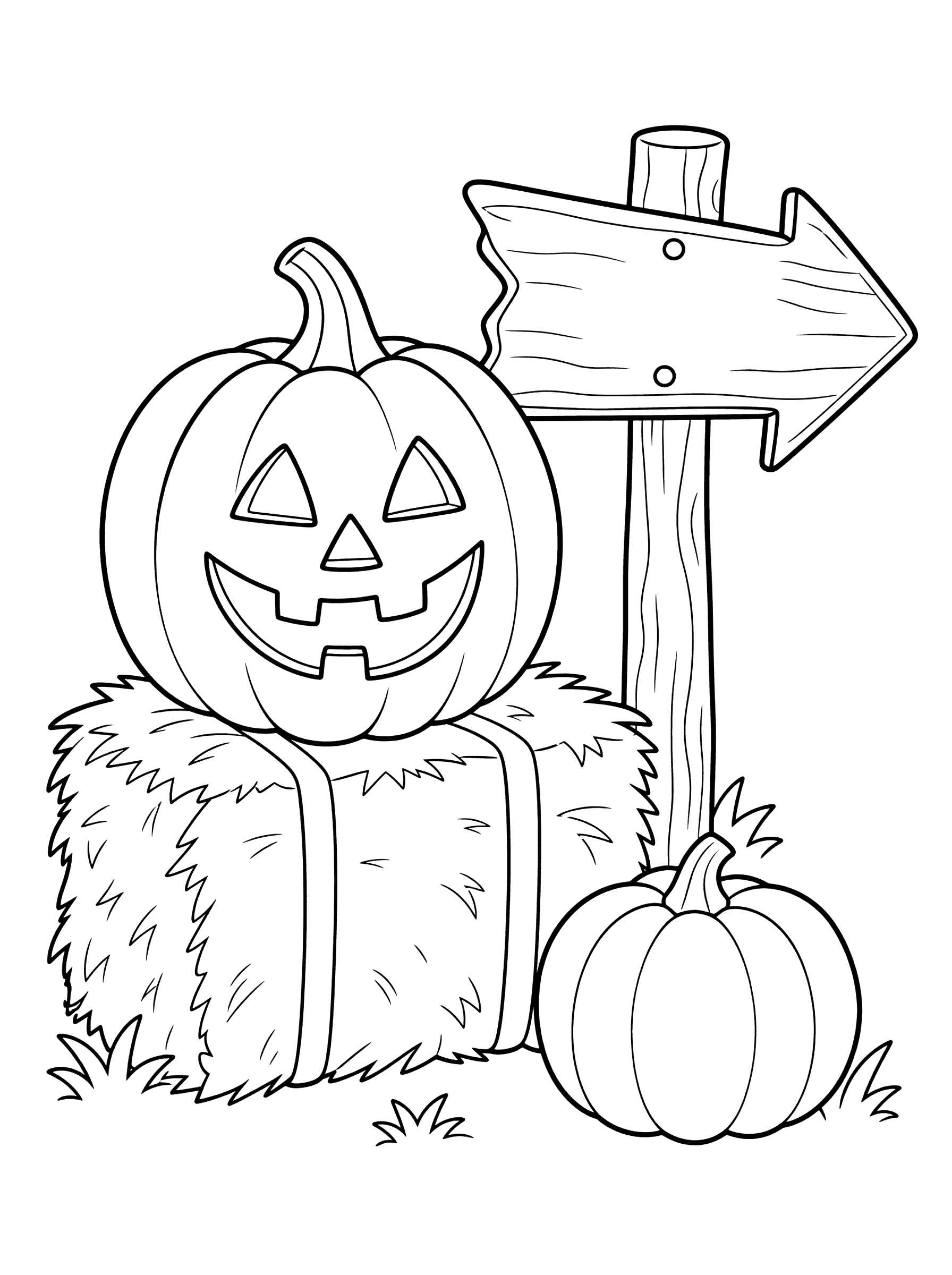 Jack-o'-Lantern on a Hay Bale with Pumpkin Patch Sign Coloring Page