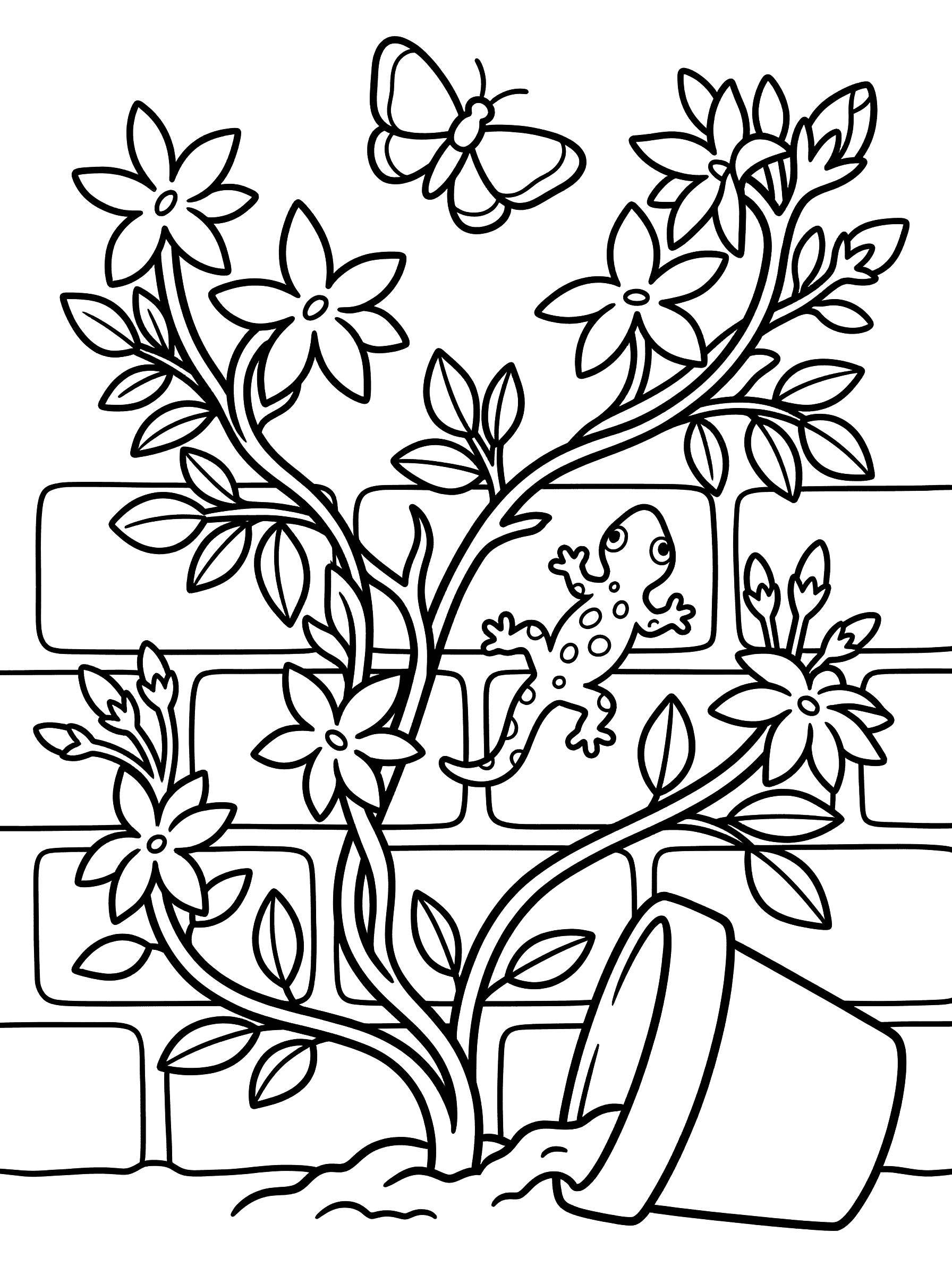 Jasmine Vine on Brick Wall with Gecko Coloring Page