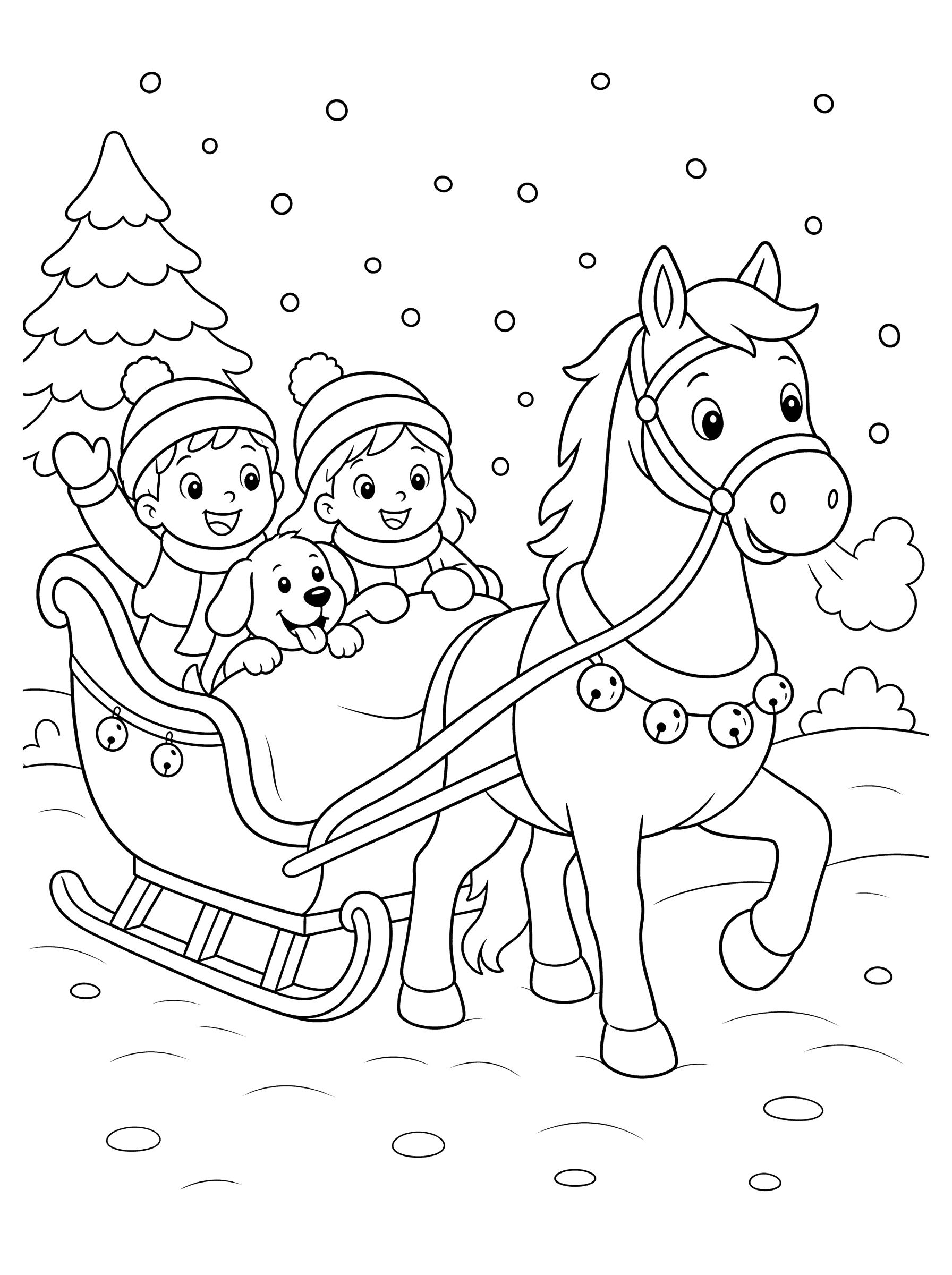 Kids and Dog in a Horse-Drawn Sleigh Coloring Page